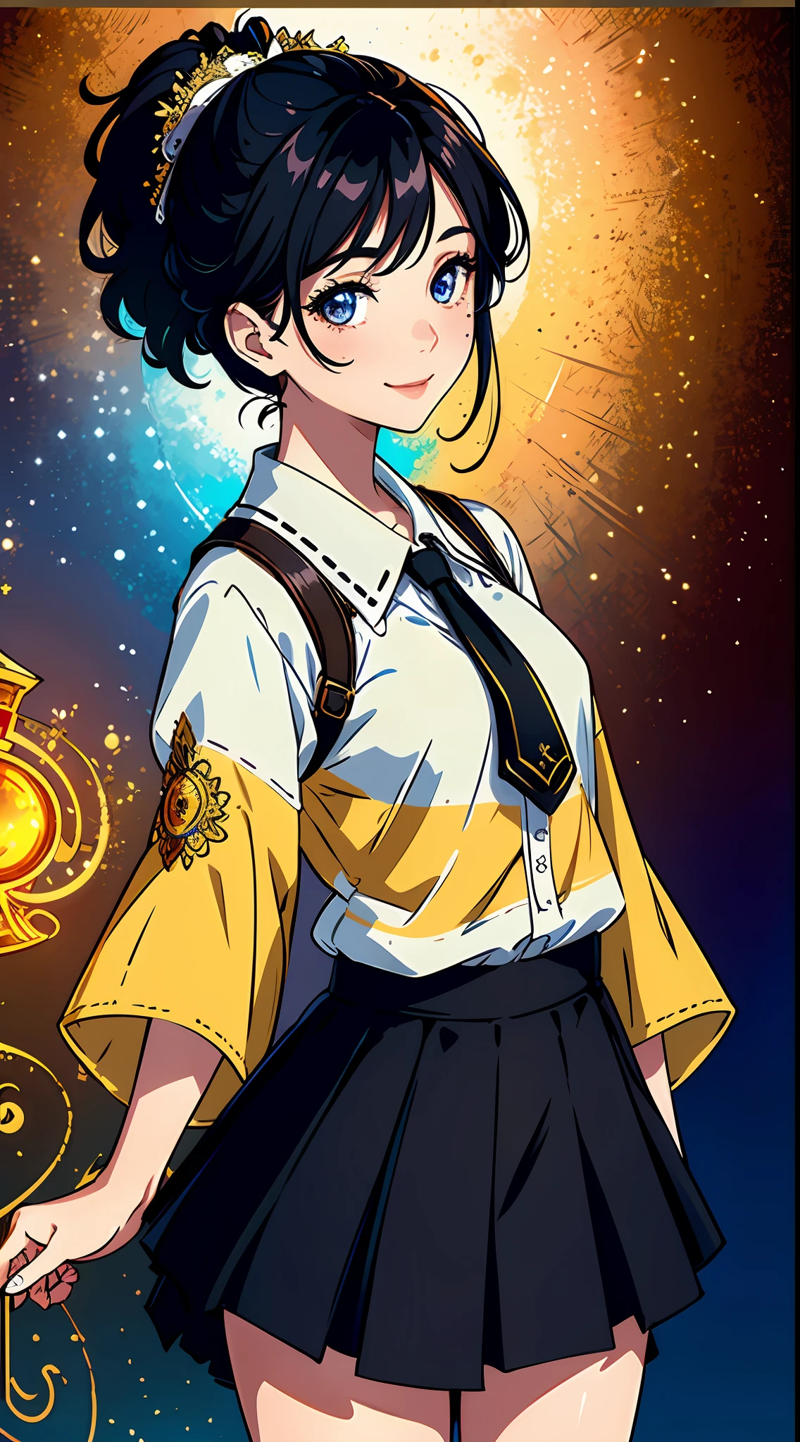 masterpiece, top quality, one girl, (colorful), (finely beautiful eyes and detailed face), cinematic lighting, bust shots, highly detailed CG Unity 8k wallpaper, black hair, solo, smile, intricate skirt, fantasy,