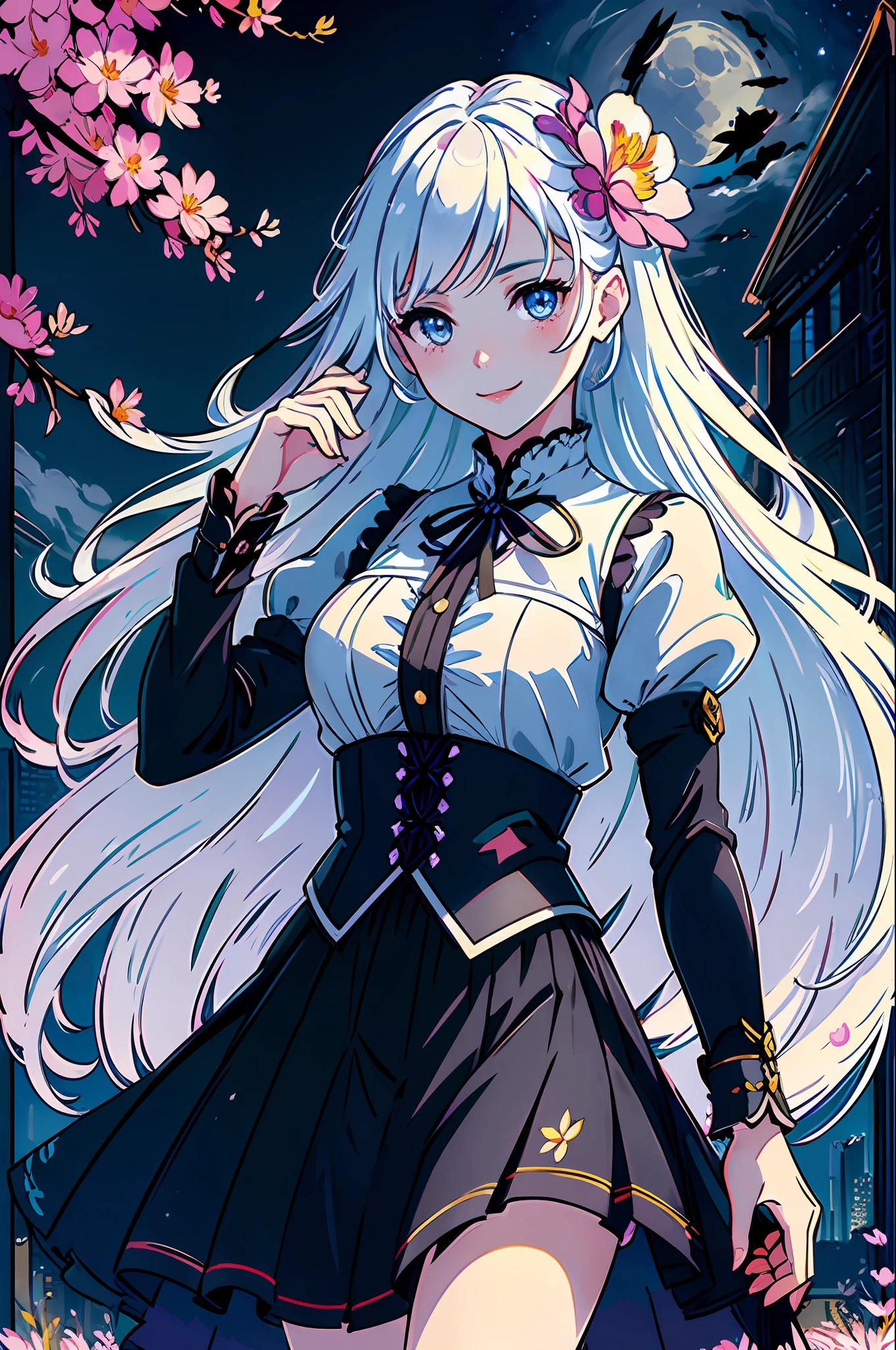 masterpiece, best quality,
1girl, (colorful),(finely detailed beautiful eyes and detailed face),cinematic lighting,bust shot,extremely detailed CG unity 8k wallpaper,white hair,solo,smile,intricate skirt,((flying petal)),(Flowery meadow)
sky, cloudy_sky, building, moonlight, moon, night, (dark theme:1.3), light, fantasy,