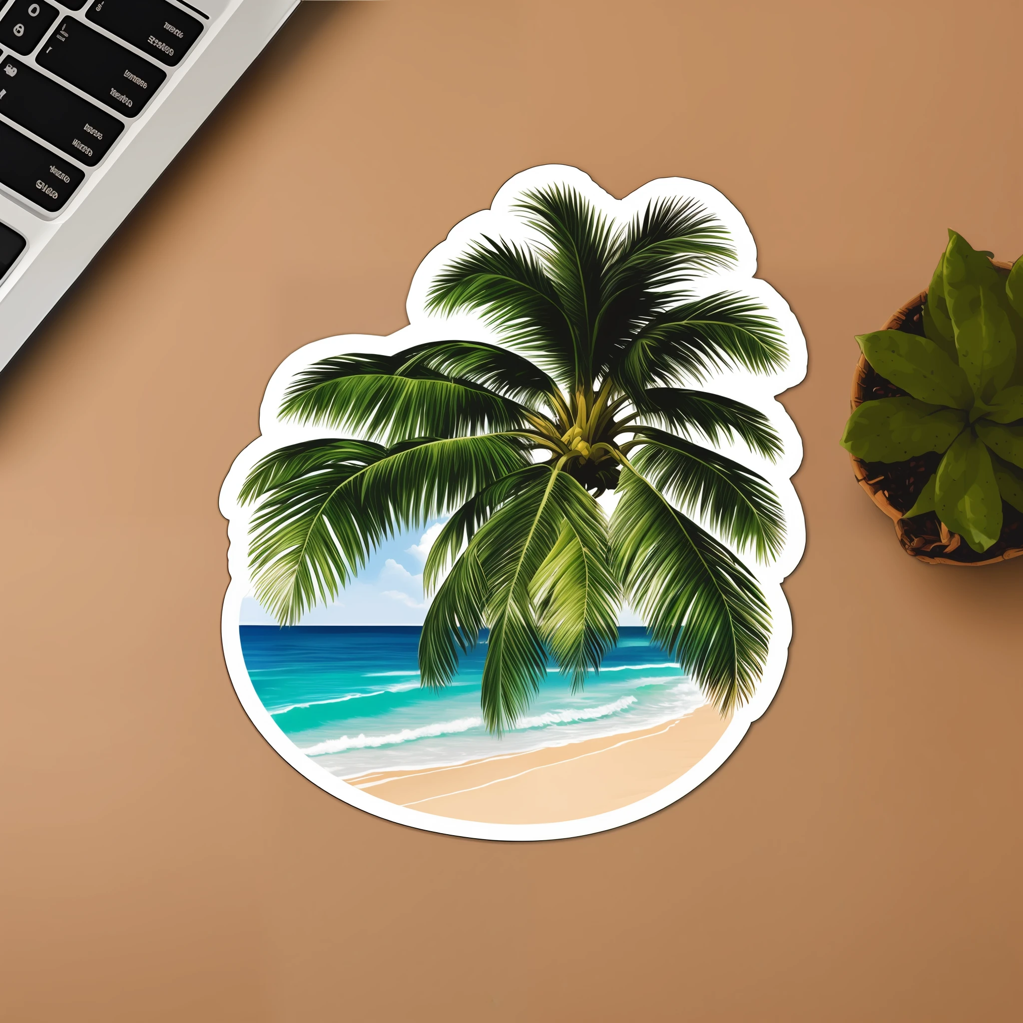 The best beach sticker with white background, palm trees, natural lighting, 35mm photography, highly detailed, 8K, artgerm, sharp focus, cgsociety, cool lighting
