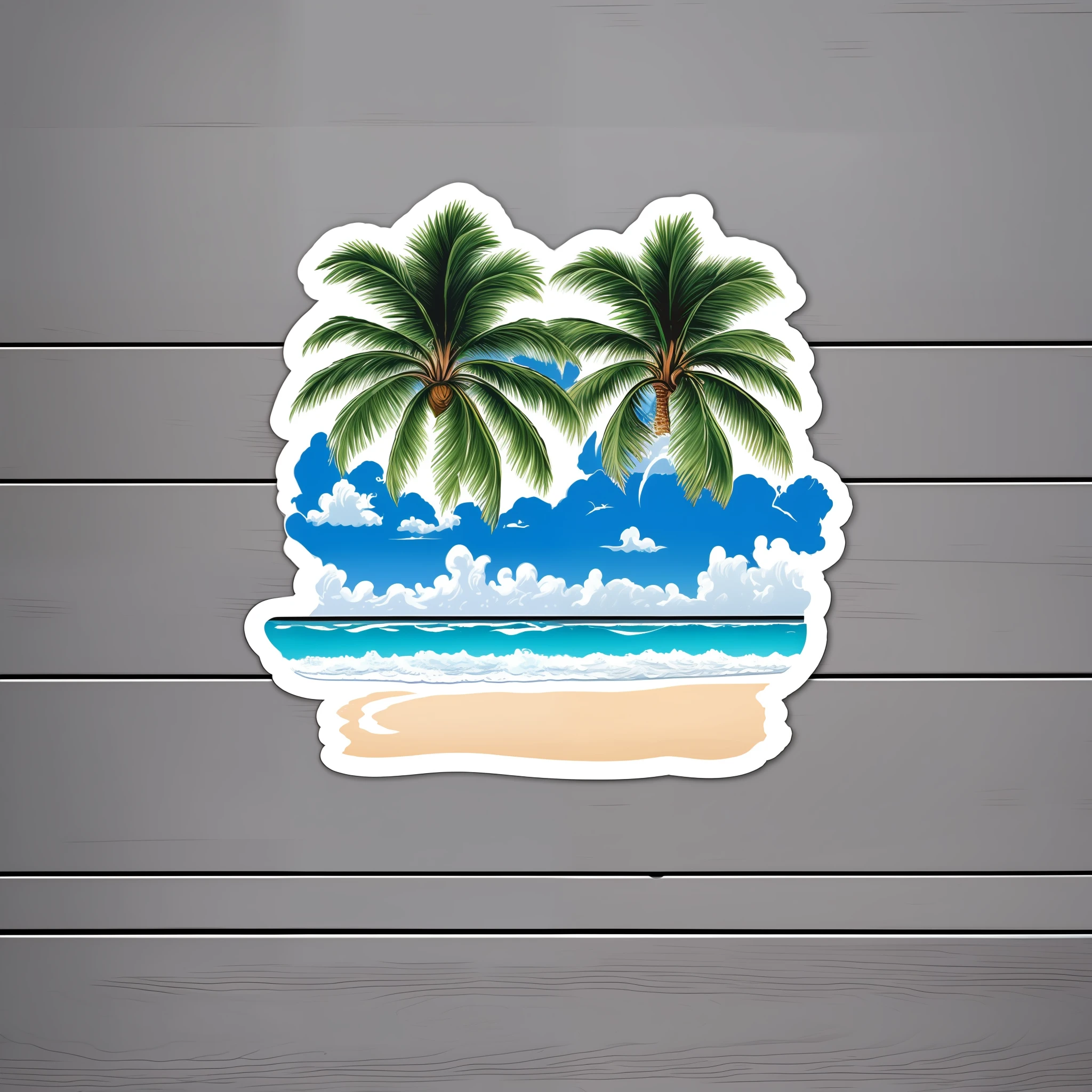 The best beach sticker with white background, palm trees, natural lighting, 35mm photography, highly detailed, 8K, artgerm, sharp focus, cgsociety, cool lighting