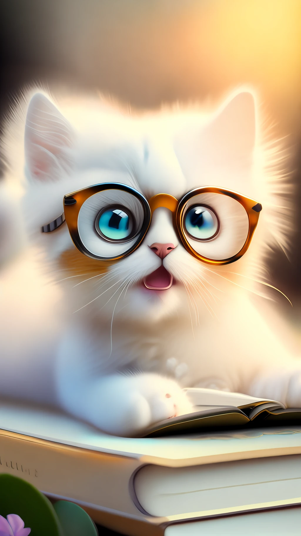 Very cute white tropical punk kitten lying on book, big eyes, glasses, open mouth, laughing, excitement, flowers, professional light, depth of field 8k, golden magic moment, professional photography, octane rendering, super realistic - amazing sunlight, dynamic composition, photography, sharp focus, bokeh