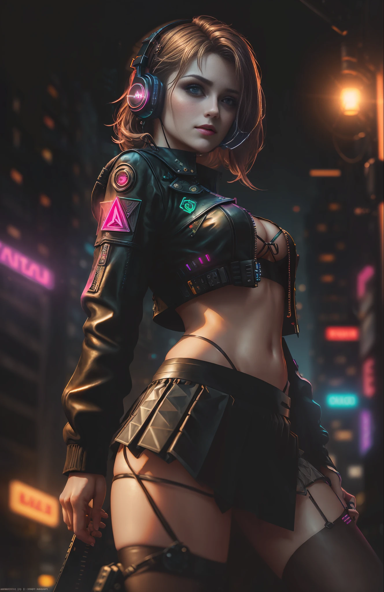 Best Quality, Realistic, Realistic, Award-Winning Illustration, (Complicated Detail: 1.2), (Fine Detail), (Complicated Detail), (Cinematic Lights, Best Quality Backlight), Crisp Lines, Crisp focus, official art, unity 8k wallpaper, absurd, unbelievably absurd, huge file size, ultra- (in_main_street:1.21), (neon lamp), fantasy art, rtx,((triangle closeup photo by award winning studio )), 1girl, very pretty, (shut up), small boobs, ((Cyberpunk city Street, Battle Maiden)), perfect hands, beautiful detailed eyes, Perfect Face, (Cyberpunk blouse, leather jacket, Martin boots) ,,(headphones_around_hair),((pleated skirt) ), ((supermodel pose)),