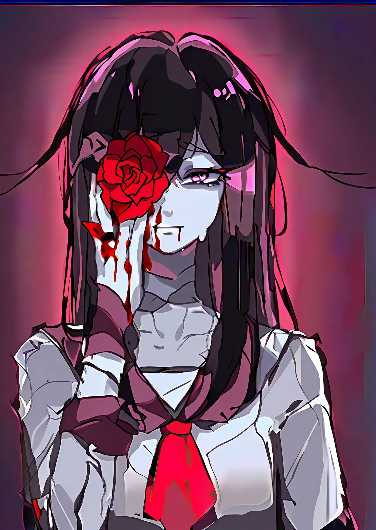 anime girl with blood on her face holding a rose, yandere, gapmoe yandere, yandere. tall, yandere intricate, gapmoe yandere grimdark, portrait gapmoe yandere grimdark, akane owari danganronpa, 2 d anime style, anime artstyle, in an anime style, (anime girl), by Jin Homura