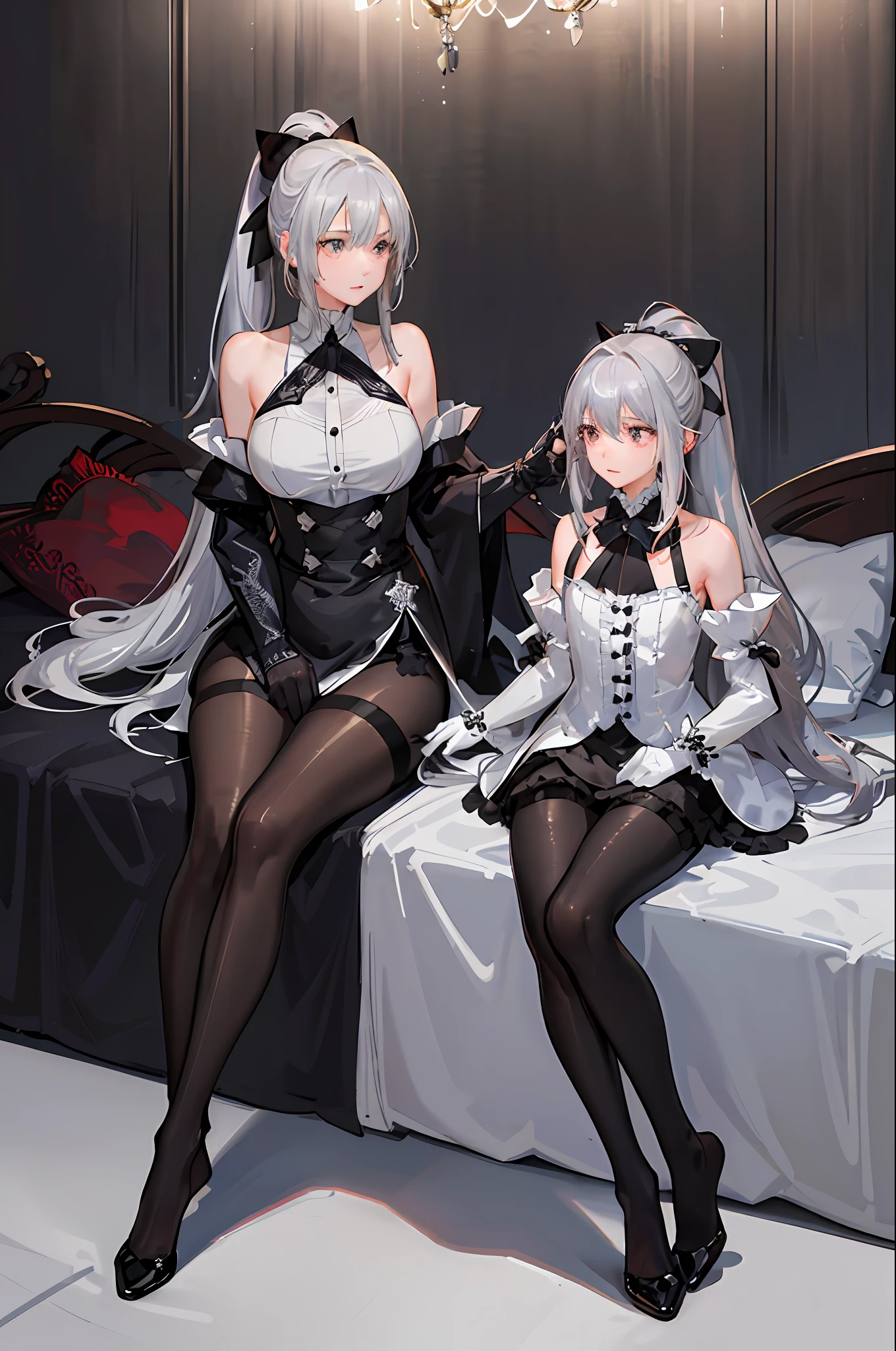 (((2 girls)), ray tracing, (dim light), [detailedbackground (bedroom))), ((silver hair))), ((silver hair)), ((((((girl with shaggy silver hair, plump and slim)) with a high ponytail))) avoid their golden eyes in the ominous bedroom (((the girls wear intricate embroidered black high-waisted pants with pantyhose and white ruffled bow gloves)) , because the girls sit together and touch each other very closely to show off their delicate slim figure and beautiful curves, correct limbs