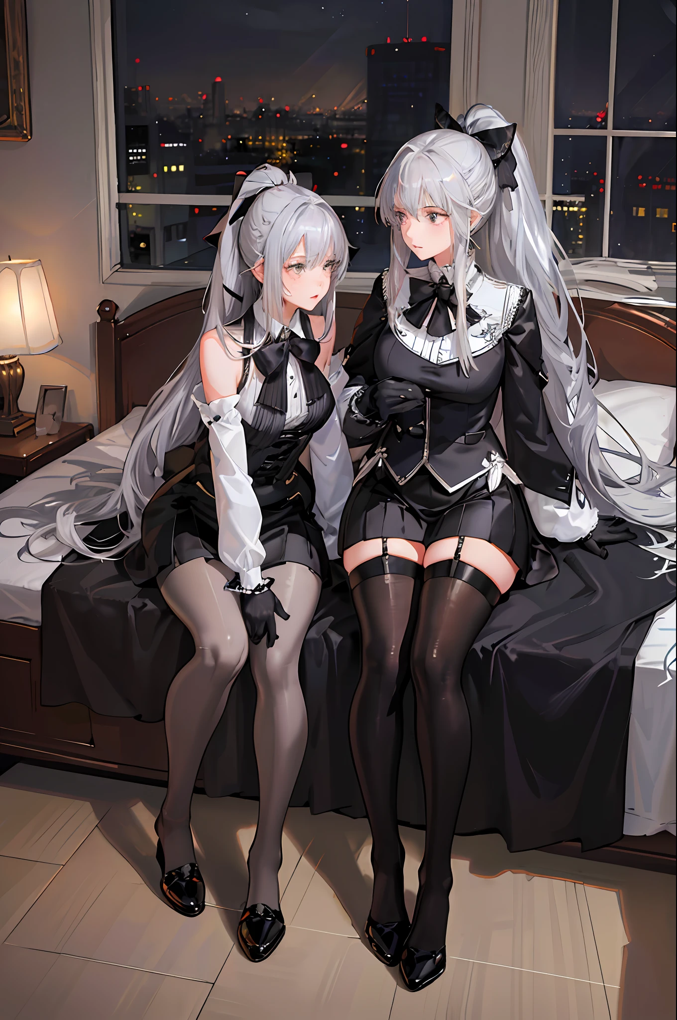 (((2 girls)), ray tracing, (dim light), [detailedbackground (bedroom))), ((silver hair))), ((silver hair)), ((((((girl with shaggy silver hair, plump and slim)) with a high ponytail))) avoid their golden eyes in the ominous bedroom (((the girls wear intricate embroidered black high-waisted pants with pantyhose and white ruffled bow gloves)) , because the girls sit together and touch each other very closely to show off their delicate slim figure and beautiful curves, correct limbs