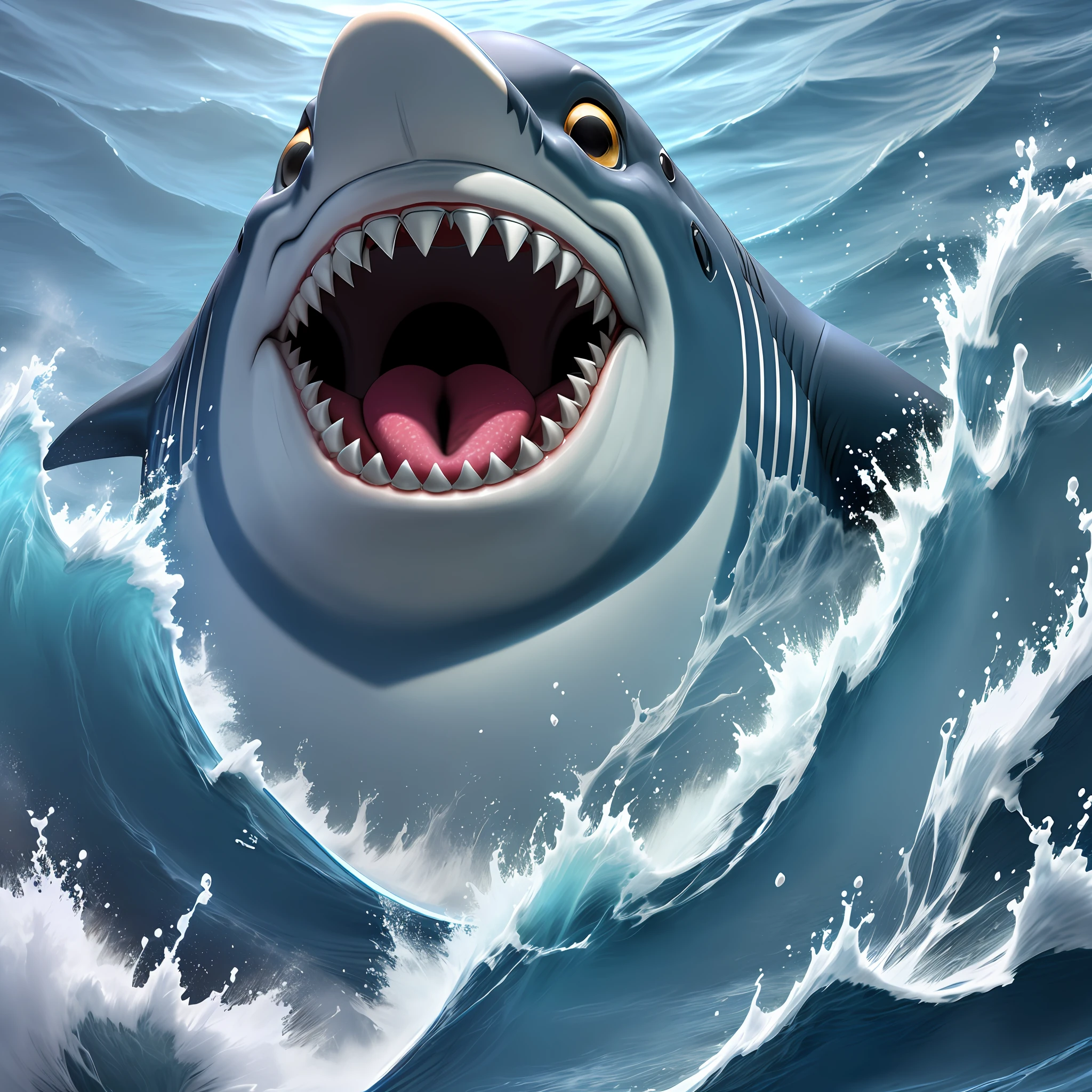 Close-up of blue and black picture of shark's mouth, rushing out of the water waves, opening the icon of shark's mouth, 3D icon of mobile game