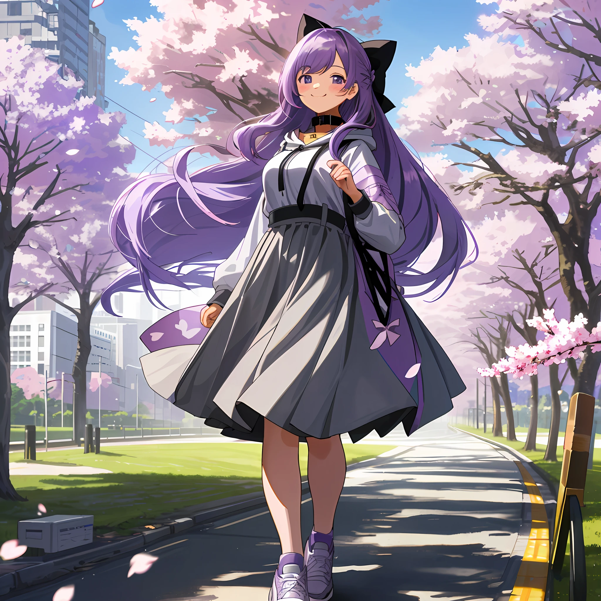 Grey hood, skirt, sneakers, smiling, purple hair, long hair, masterpiece, best quality, highly detailed, huge_filesize, highres, hair_bow, bell, collar, , blush, cherry_blossoms, sky, clouds, city, outdoor, light nature in buildings,