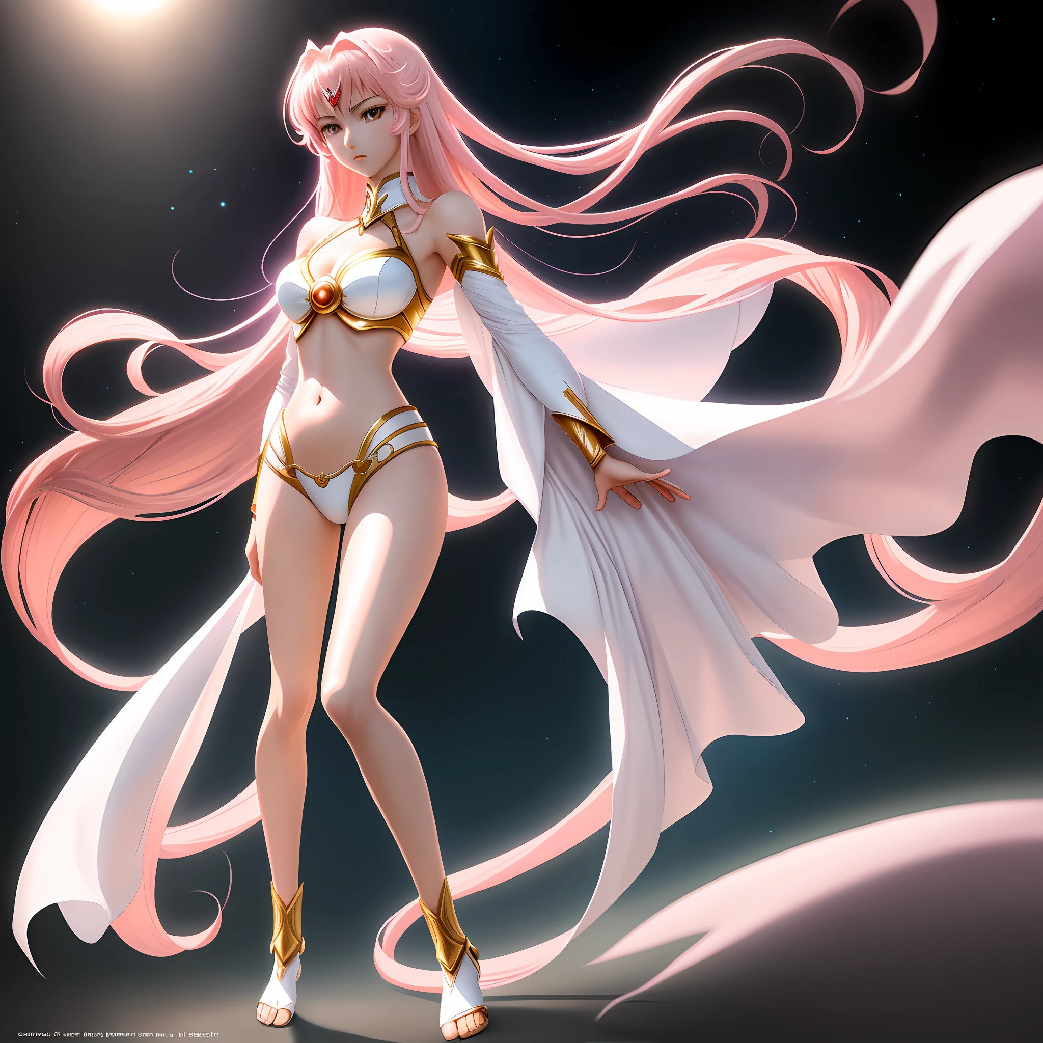 Saint Seiya-style 2D anime illustration Slender beautiful girl Full-length image standing up to the toes world Empty space Gorgeous and sexy we lingerie belly button exd, overexposed High leg Unsymmetrical costume Pink hair Slender