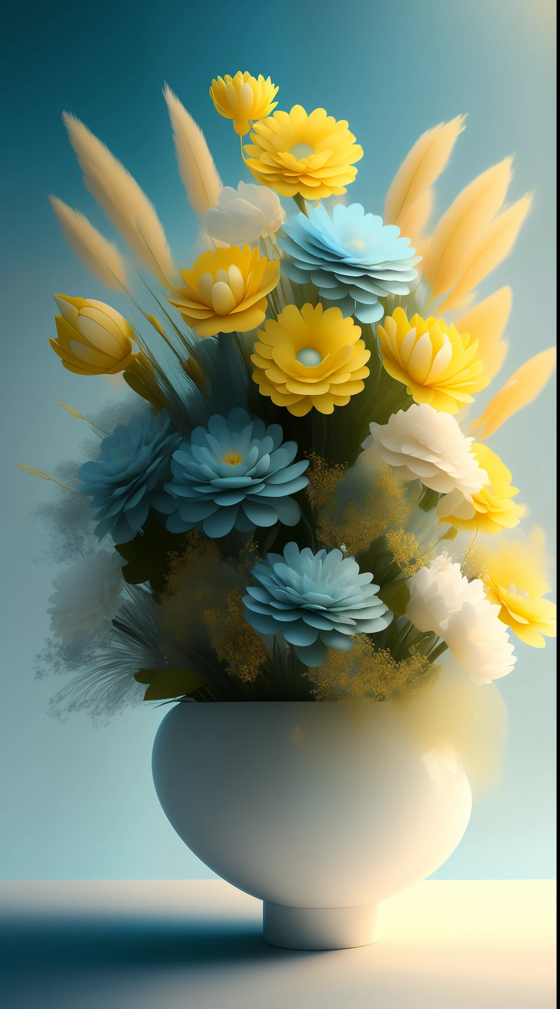 Dopamine, Surreal Airbrush Art, Pale Yellow and Sky Blue, CGSociety, Unreal Engine, 16K, Rendering, CGI, Concept Art, Trends on ArtStation, Ddreamlike Style, Floral Arrangement Look