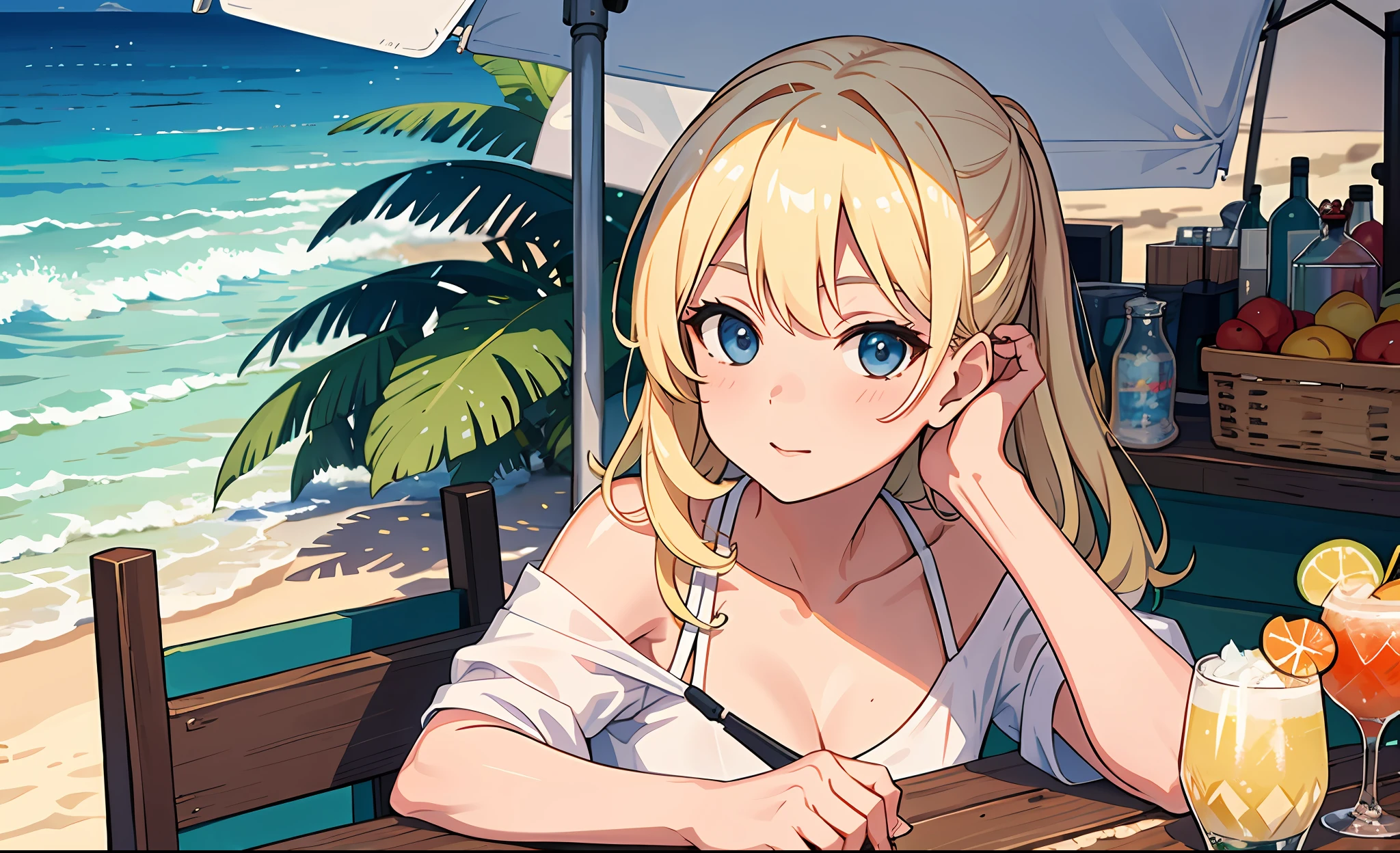 (mksks style, detailed background:1.1), (solo:1.2), (eyes_focus), blonde_hair, cap, white_shirt, close_up,(outdoors, summer (season):1.3), cocktail, market stall, boat, beach, relaxing, beautiful