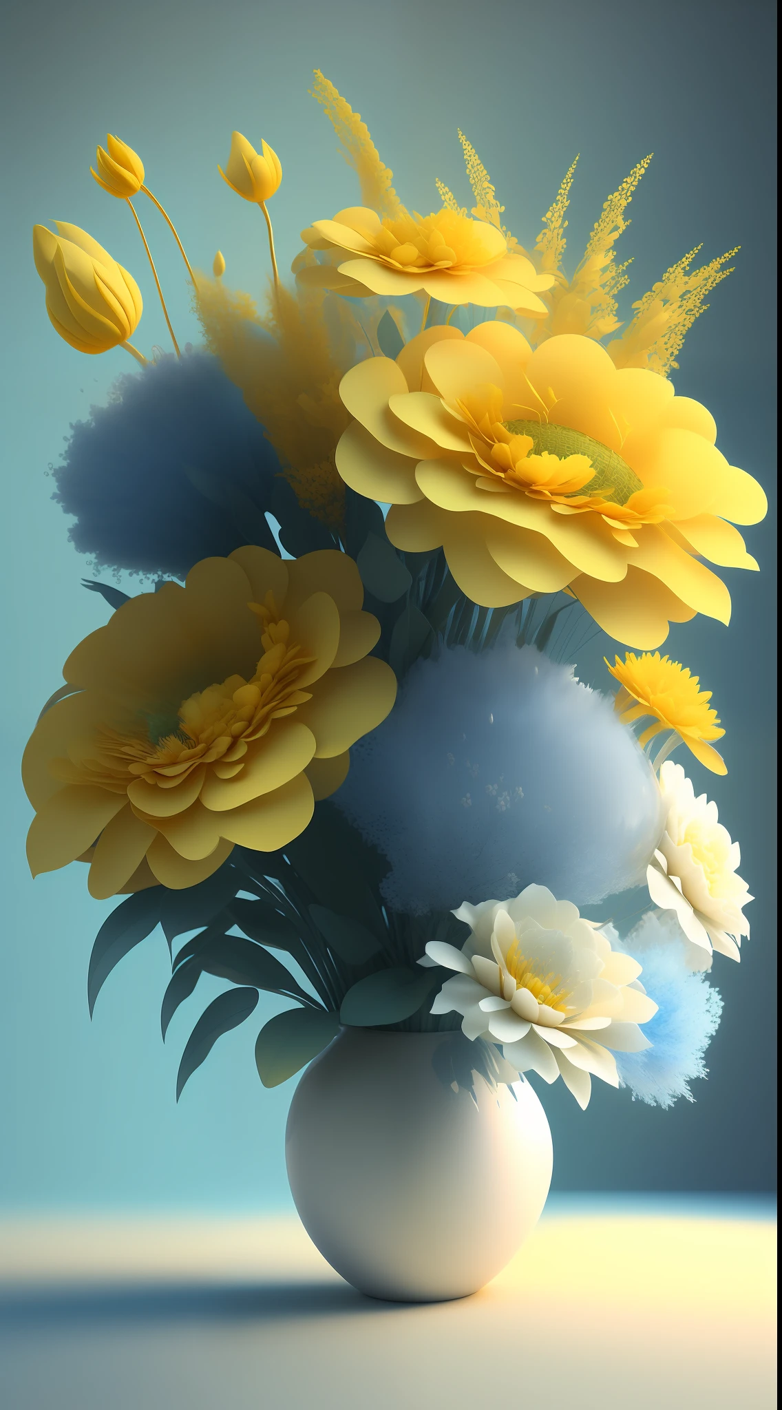 Dopamine, Surreal Airbrush Art, Pale Yellow and Sky Blue, CGSociety, Unreal Engine, 16K, Rendering, CGI, Concept Art, Trends on ArtStation, Ddreamlike Style, Floral Arrangement Look