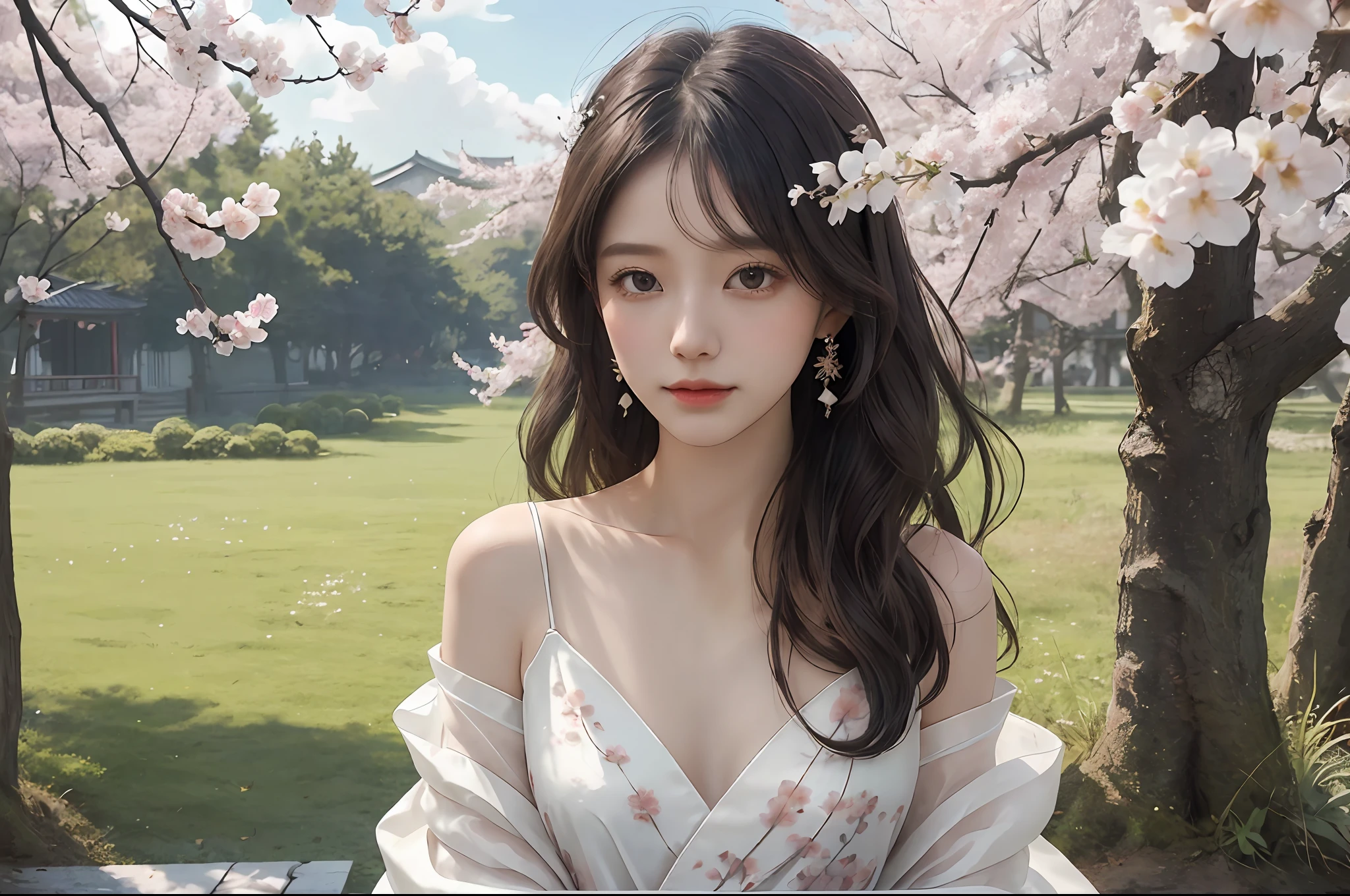 (best quality, masterpiece:1.2), (realistic, photorealistic:1.25), an extremely delicate and beautiful photo, extremely detailed, highres,Girl Portrait, (Face: 1.2), Floating Hair, Wind, Cloud, Sunshine, Movie Light, Bangs, Face Closeup, Sky Background, Oil Painting Texture, Clear Hair, Light Hair, Flowers, Girly, Smiling Face, Bright Eyes, Single Line shoulders, collarbone, shirt, autumn, bare shoulders, bare tree, black hair, branches, cherry blossoms, cleavage, coat, (robe: 1.21), collarbone, earrings, hair accessories, Hanfu, jewelry, lips, long hair, mid-chest , Sitting, Solo, Tassels, Tree, Wide Sleeves, See-Through Clothing, See-Through Clothing, Silk, Negative Space, Ink Painting, Statue, Willow Branches, (Masterpiece Best Quality: 1.2), Chinese Painting Ink, Model Shooting Style, Peaceful, Looking at the viewer, wearing long Hanfu, song, willow in the background, shirt, nsfw, full body, head to toe, natural body, girly look, flying hair
,Beautiful face, (young beauty, adult,) little shy cute face,arms behind back
