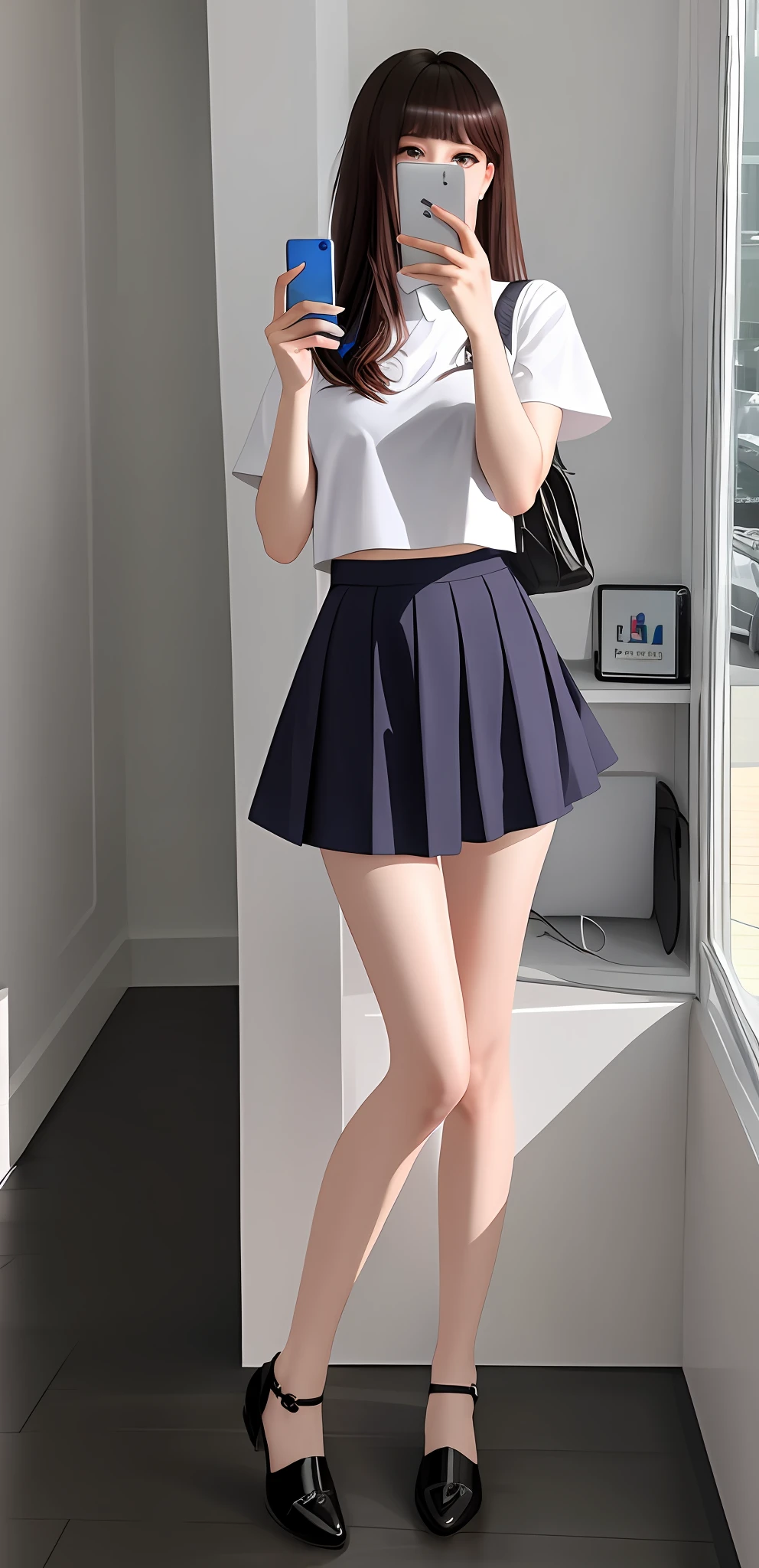 A standing white-skinned girl wearing white clothes and miniskirt taking a selfie with a mobile phone, pale skin, white short-sleeved shirt, miniskirt, long legs, holding a mobile phone in her left hand, the mobile phone blocked half of her face, her right hand made a Y-shaped gesture, pure blue background, beautiful digital artwork, realistic effect, high texture