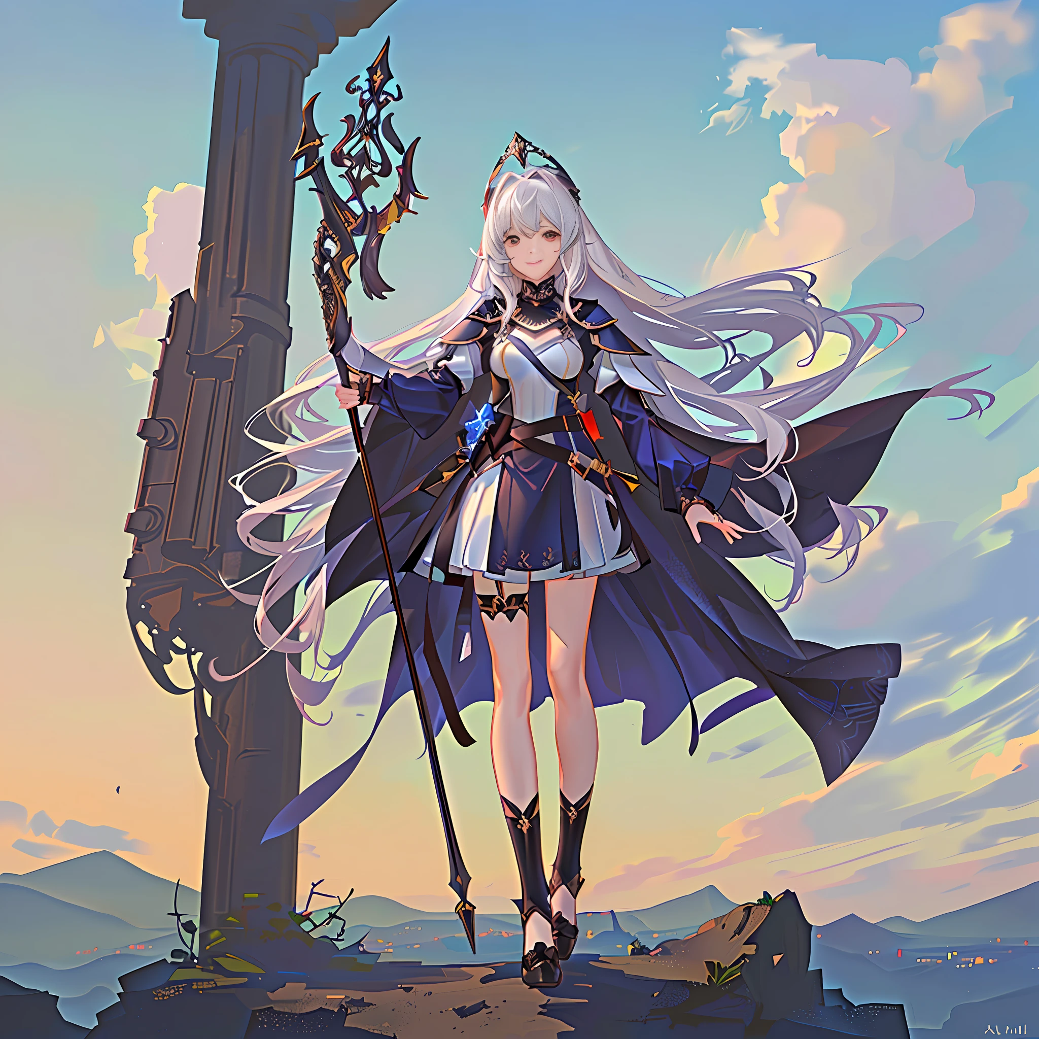 {{masterpiece}}, best quality,extremely detailed CG unity 8k wallpaper,cinematic lighting, Snapchat selfie,((One girl)), (solo),goddness,beautiful detail eyes,beautiful detail sky,demure,honourable,facial features, Smile,full body,medium breasts,Knight helmet,Medieval armor,armed with long spear,highers,long bloud hair,wavr hair,temple background,