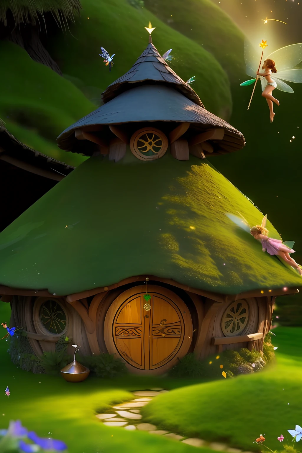 (((fairies throwing pixie dust)))+ tree of life on top of hobbit house, include top of tree, include ants, isolate image, 8k, upscale