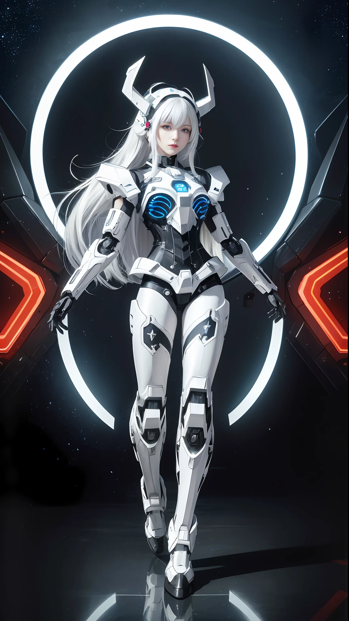 masterpiece,best quality,ultra-detailed,very detailed illustrations,extremely detailed,intricate details,highres,super complex details,extremely detailed 8k cg wallpaper,cowboy shot, caustics,reflection,ray tracing,demontheme,nebula,dark aura,cyber effect, (1girl:1.4),solo,alone,mecha musume,mechanical parts, robot joints,single mechanical arm, headgear, mechanical halo,star halo,intricate mechanical bodysuit, mecha corset, kimono, full armor, very long hair,white hair, hair between eyes, multicolored hair, colored inner hair, red eyes,glowing eye,eye trail, random expressions,random action, ancient japanese architecture,pond, starry sky,skyline,