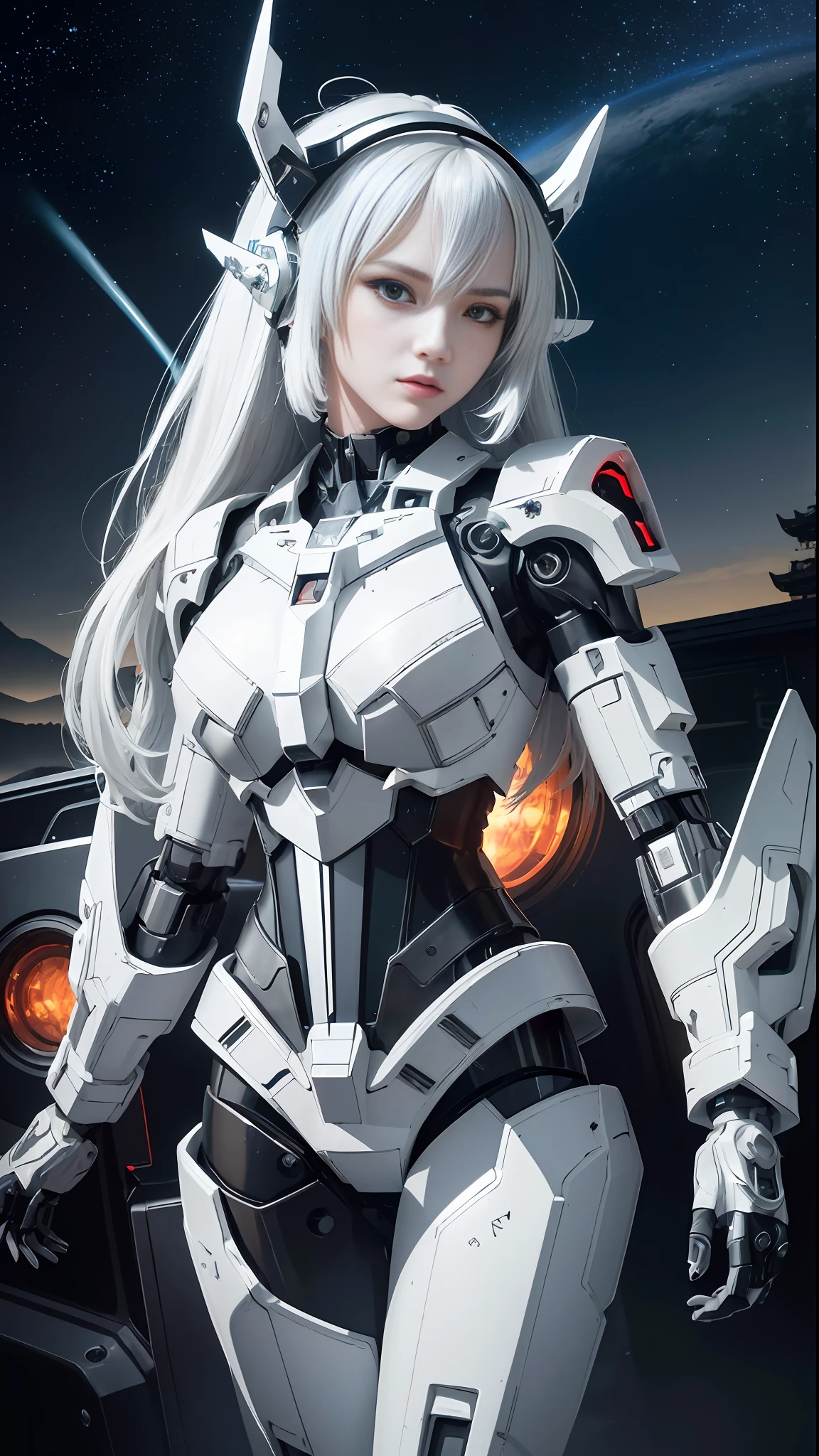 masterpiece,best quality,ultra-detailed,very detailed illustrations,extremely detailed,intricate details,highres,super complex details,extremely detailed 8k cg wallpaper,cowboy shot, caustics,reflection,ray tracing,demontheme,nebula,dark aura,cyber effect, (1girl:1.4),solo,alone,mecha musume,mechanical parts, robot joints,single mechanical arm, headgear, mechanical halo,star halo,intricate mechanical bodysuit, mecha corset, kimono, full armor, very long hair,white hair, hair between eyes, multicolored hair, colored inner hair, red eyes,glowing eye,eye trail, random expressions,random action, ancient japanese architecture,pond, starry sky,skyline,