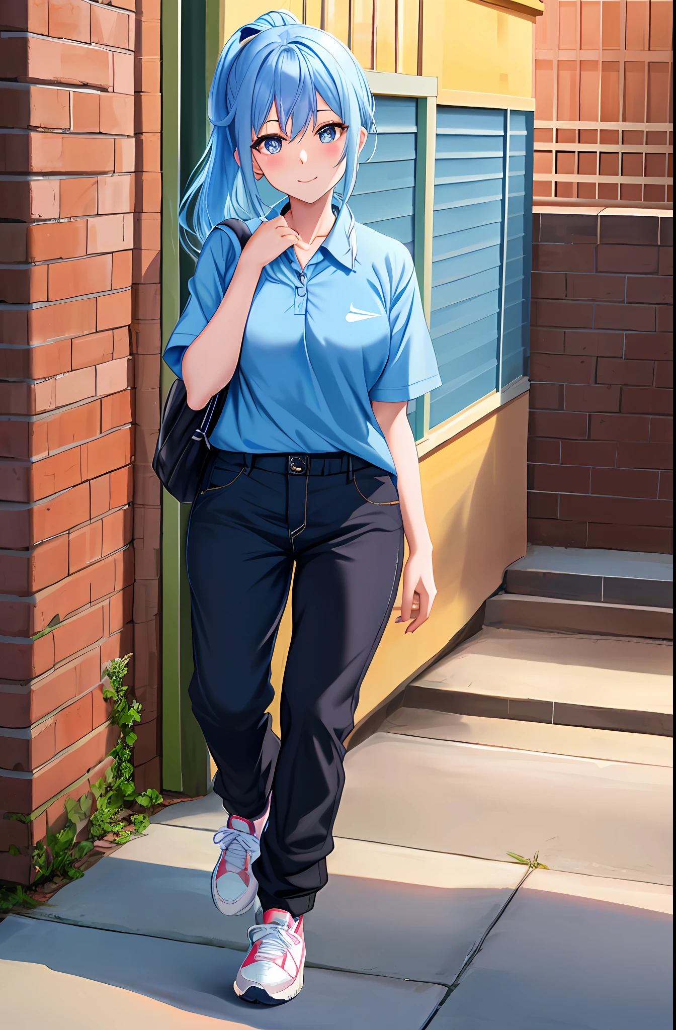 chibi,one girl,Pale blue hair, pony tale, fine hair, one beautiful girl, caregiver, "Kyoto Animation" style anime illustration,blue polo shirt with open buttons, black chinos pants, black NIKE sneakers, green left eye, blue right eye, princess-like glint in eye, perfect suta, smug face, best picture quality, left hand over left ear, full body, being assisted,full body,care giver,shake hands,full body