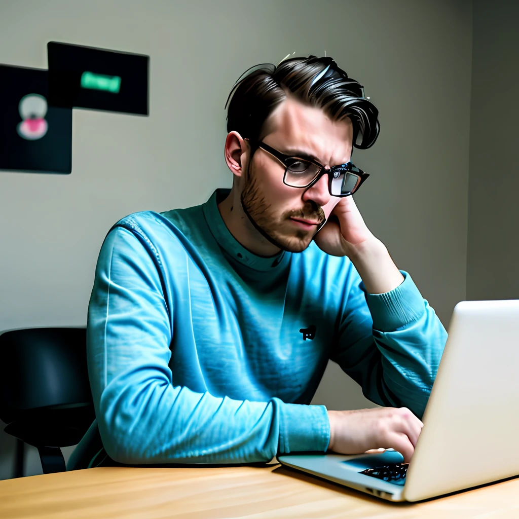 Sad man in front of laptop