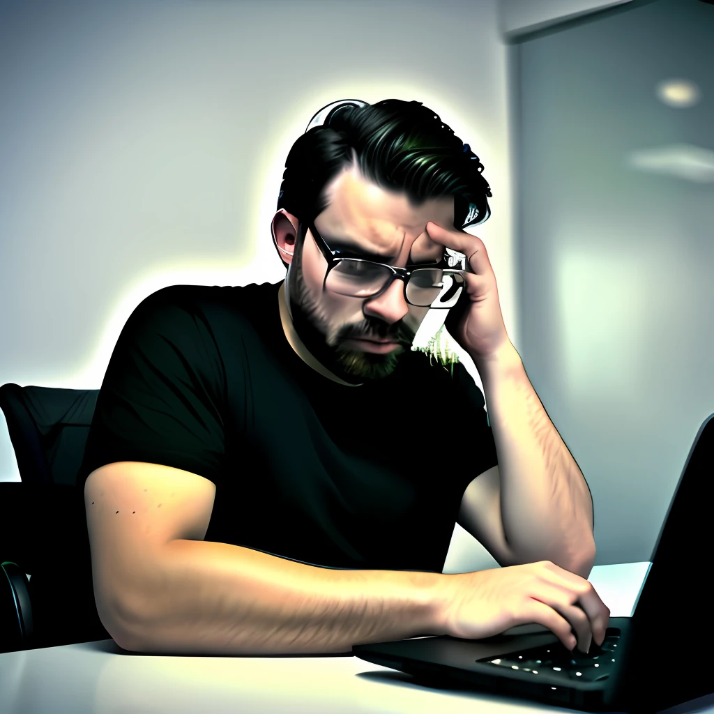Sad man in front of laptop
