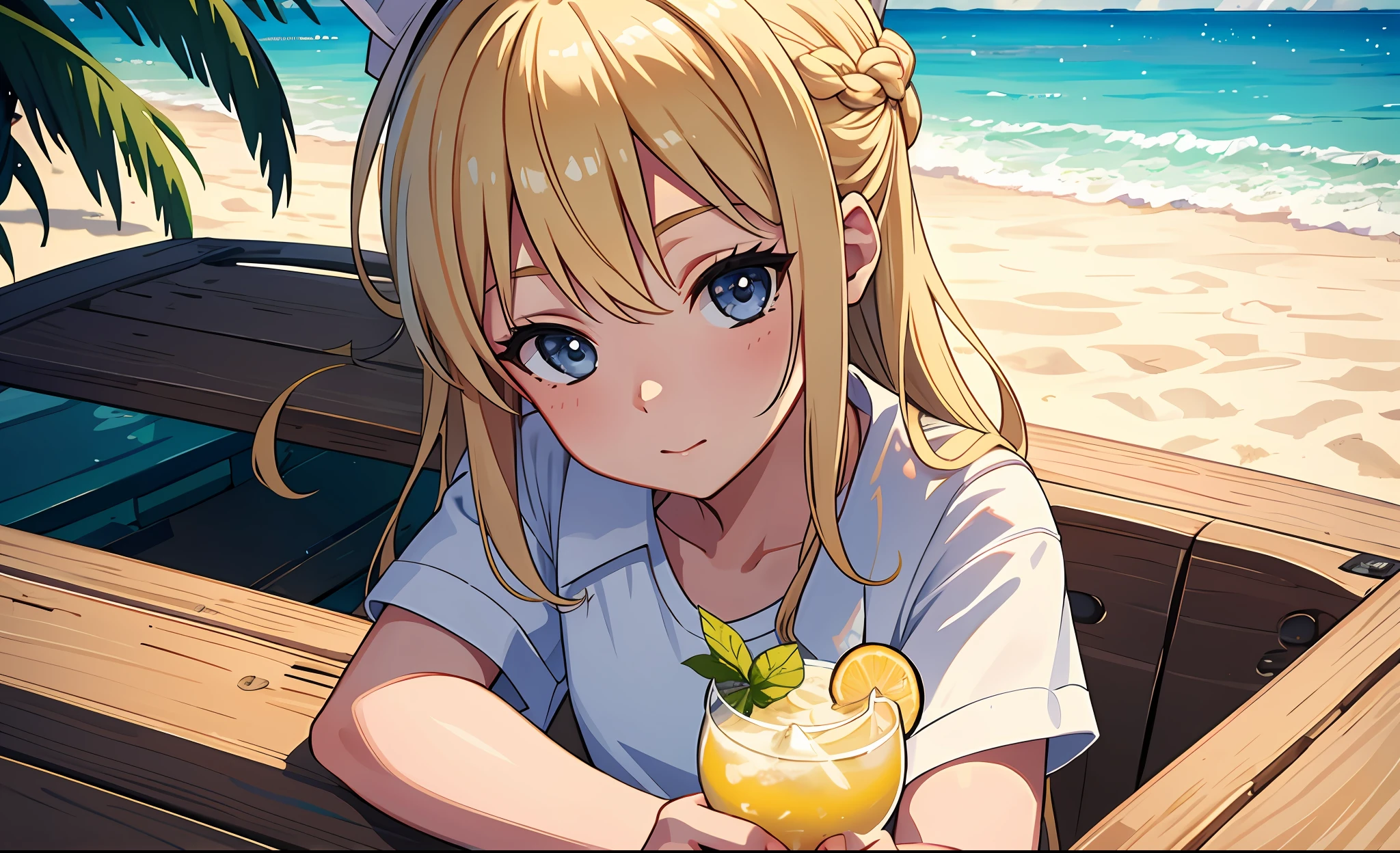 (mksks style, detailed background:1.1), (solo:1.2), (eyes_focus), blonde_hair, cap, white_shirt, close_up,(outdoors, summer (season):1.3), cocktail, market stall, boat, beach, relaxing, beautiful