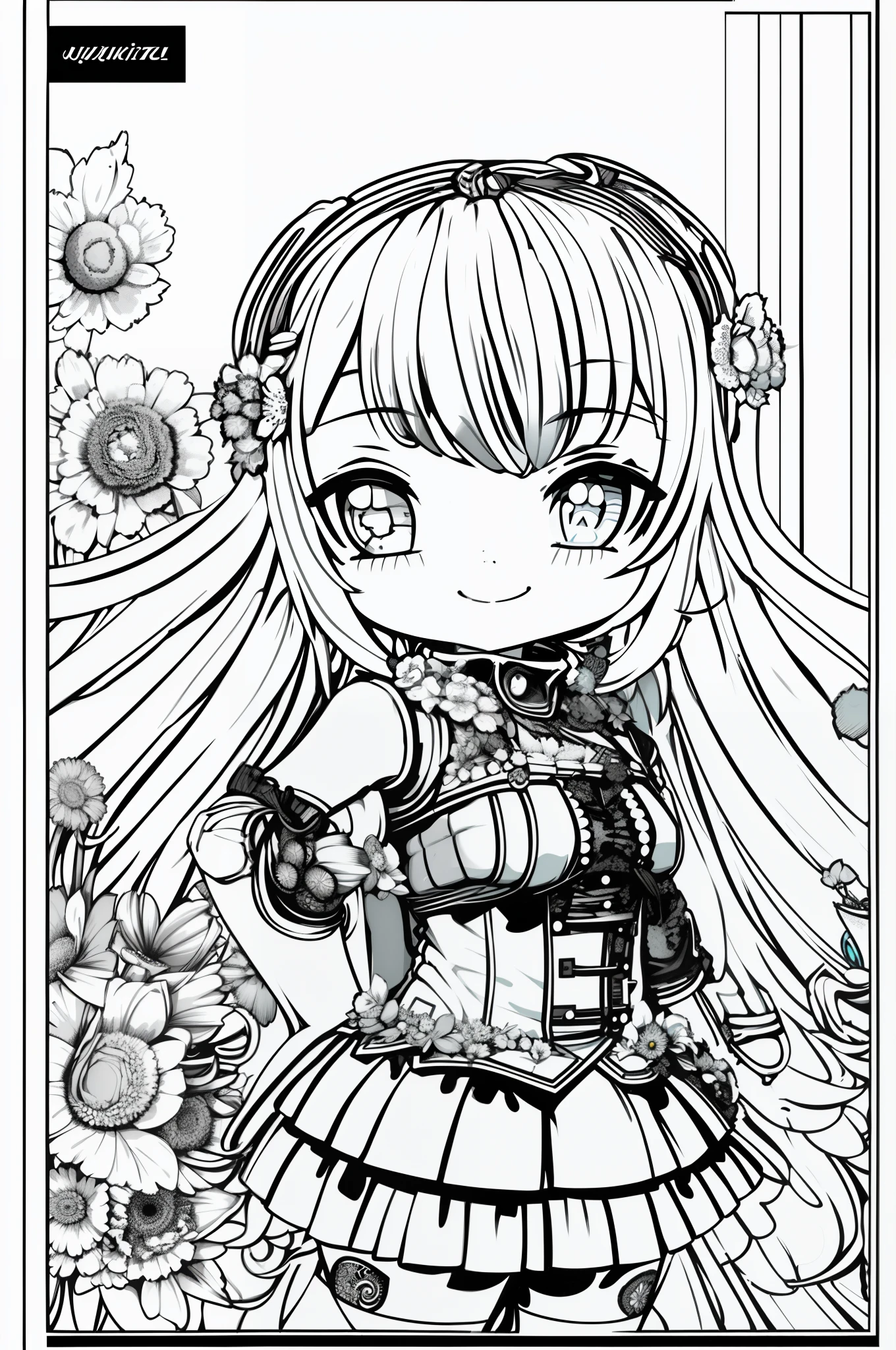 ((1 girl)),cute,smiley, masterpiece, best quality, lineart, monochrome, white background, black and white, coloring book for kids, on paper, full page, free lines, high detail art lines, printable, perfect anatomy, (white background)), Flowers, 2d, 2d. Cartoon. style