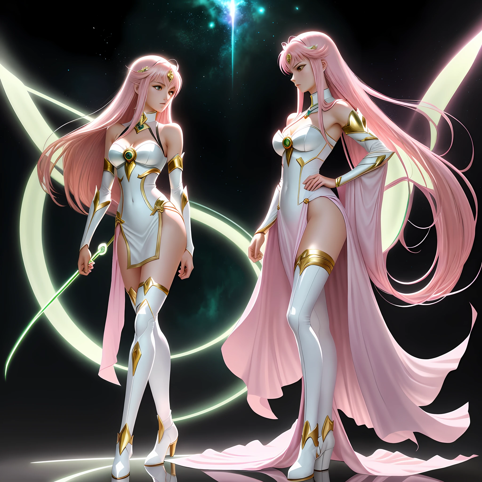 Saint Seiya-style 2D anime illustration Super slender beautiful girl Full-length image standing up to the toes Lonely world Dark space Gorgeous and sexy white lingerie Navel out Overexposed High leg Unsymmetrical costume Pink hair Green tips Protector on right shoulder Left foot boot above the knee Wearing a see-through miniskirt