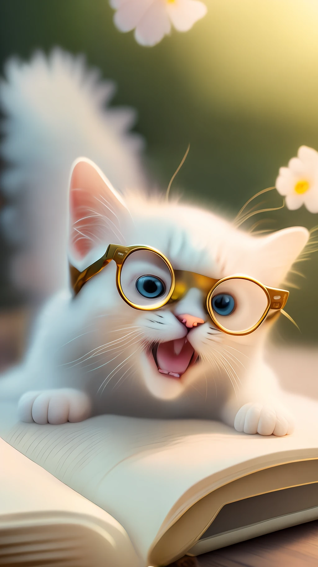 Very cute white tropical punk kitten lying on book, big eyes, glasses, open mouth, laughing, excitement, flowers, professional light, depth of field 8k, golden magic moment, professional photography, octane rendering, super realistic - amazing sunlight, dynamic composition, photography, sharp focus, bokeh