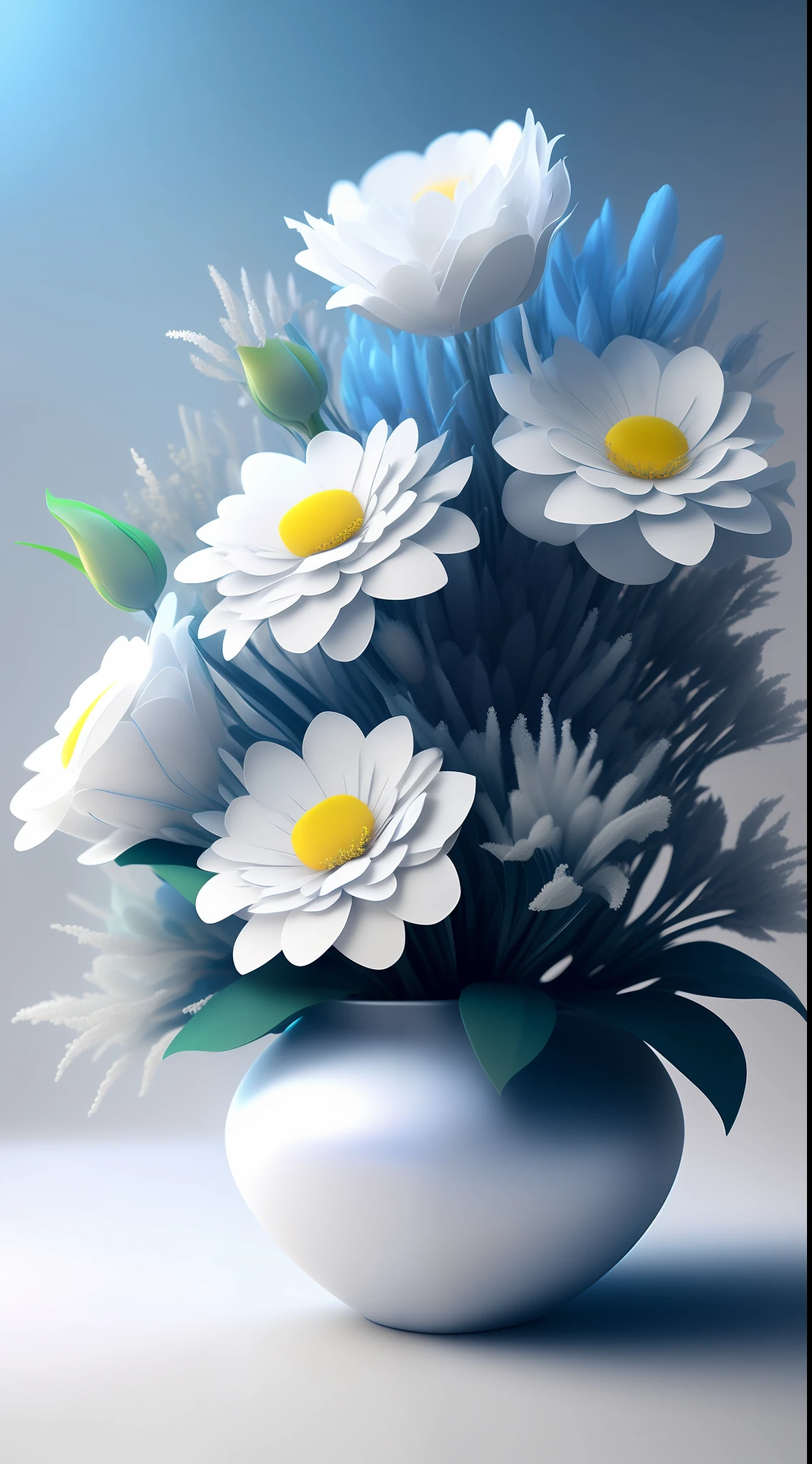 Dopamine, Surreal Airbrush Art, White and Rhineblue, CGSociety, Unreal Engine, 16K, Rendering, CGI, Concept Art, Trends on ArtStation, Ddreamlike Style, Flower Arrangement Look