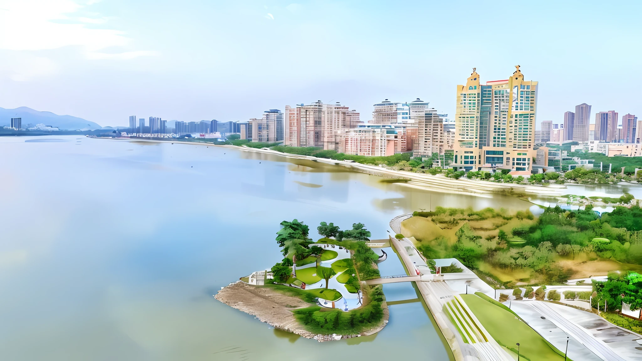 arafed view of a city with a lake and a bridge, hangzhou, guangjian, ruanjia, baotou china, shenzhen, sha xi, wide angle river, wide river and lake, hou china, parks and lakes, drone view of a city, by Zha Shibiao, qiangshu, building along a river, riverside