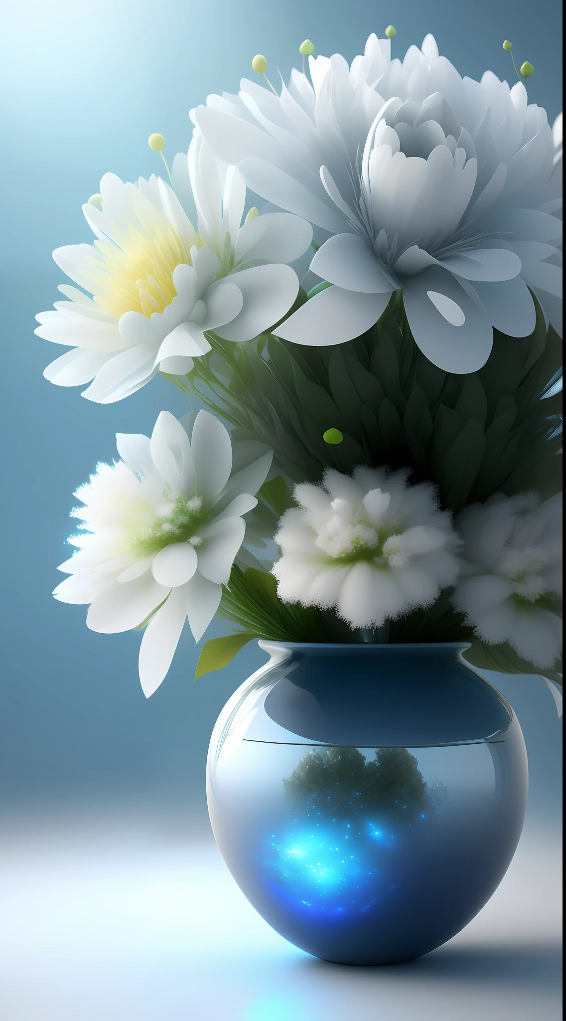 Dopamine, Surreal Airbrush Art, White and Rhineblue, CGSociety, Unreal Engine, 16K, Rendering, CGI, Concept Art, Trends on ArtStation, Ddreamlike Style, Flower Arrangement Look