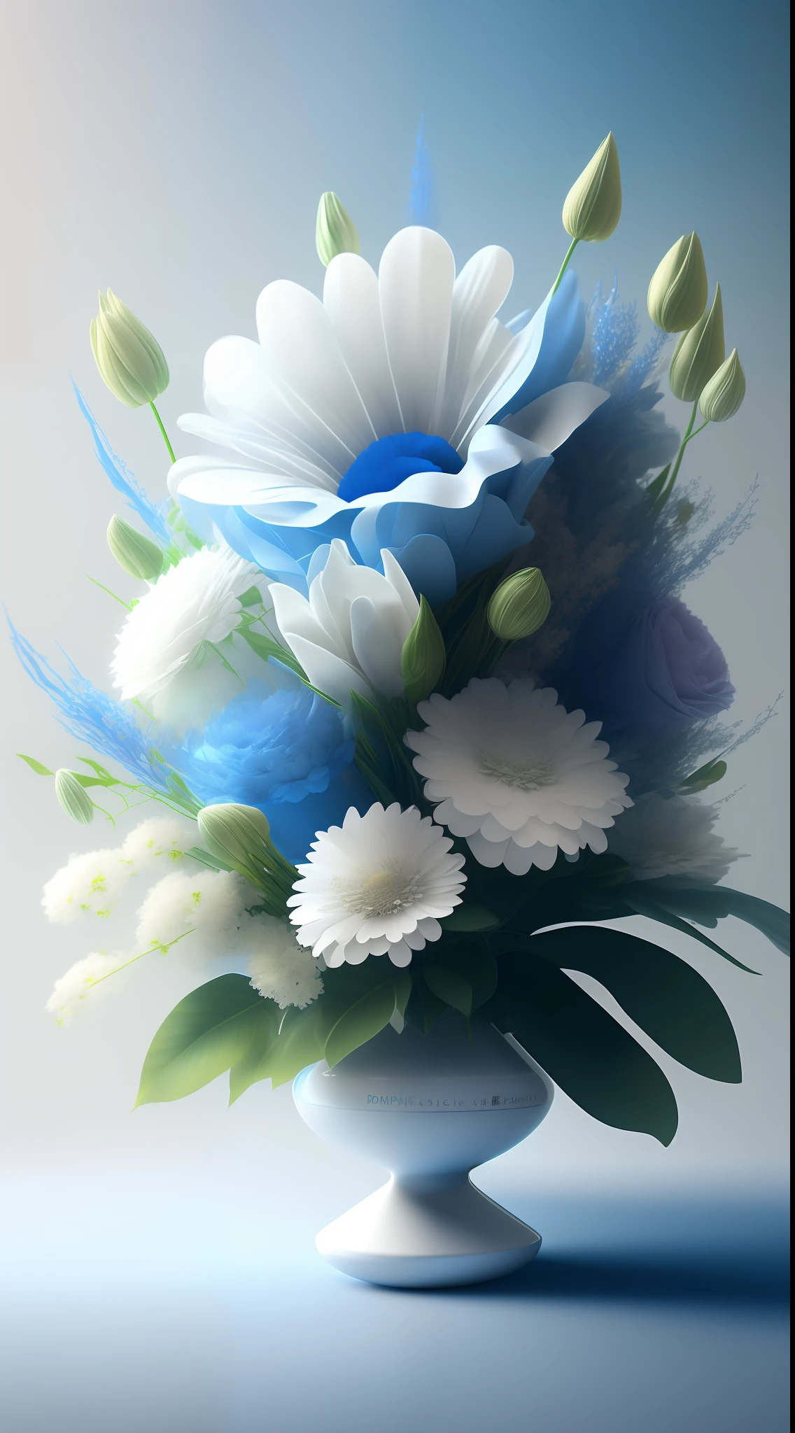 Dopamine, Surreal Airbrush Art, White and Rhineblue, CGSociety, Unreal Engine, 16K, Rendering, CGI, Concept Art, Trends on ArtStation, Ddreamlike Style, Flower Arrangement Look