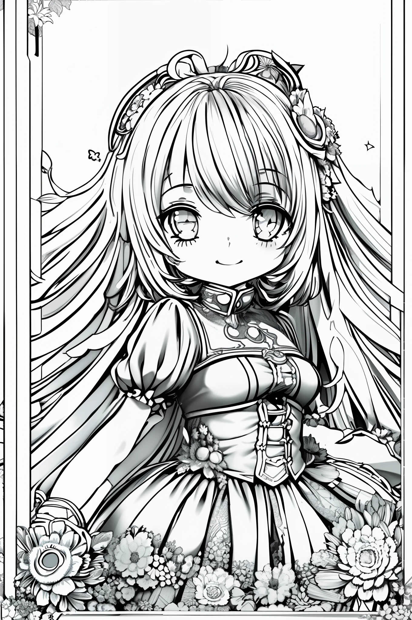 ((1 girl)),cute,smile,not shadow,bright,clear lines,masterpiece, best quality, lineart, monochrome, white background, black and white, coloring book for kids, on paper, full page, free lines, high detail art lines, printable, perfect anatomy, ((white background)), Flowers, 2d, 2d. Cartoon. style