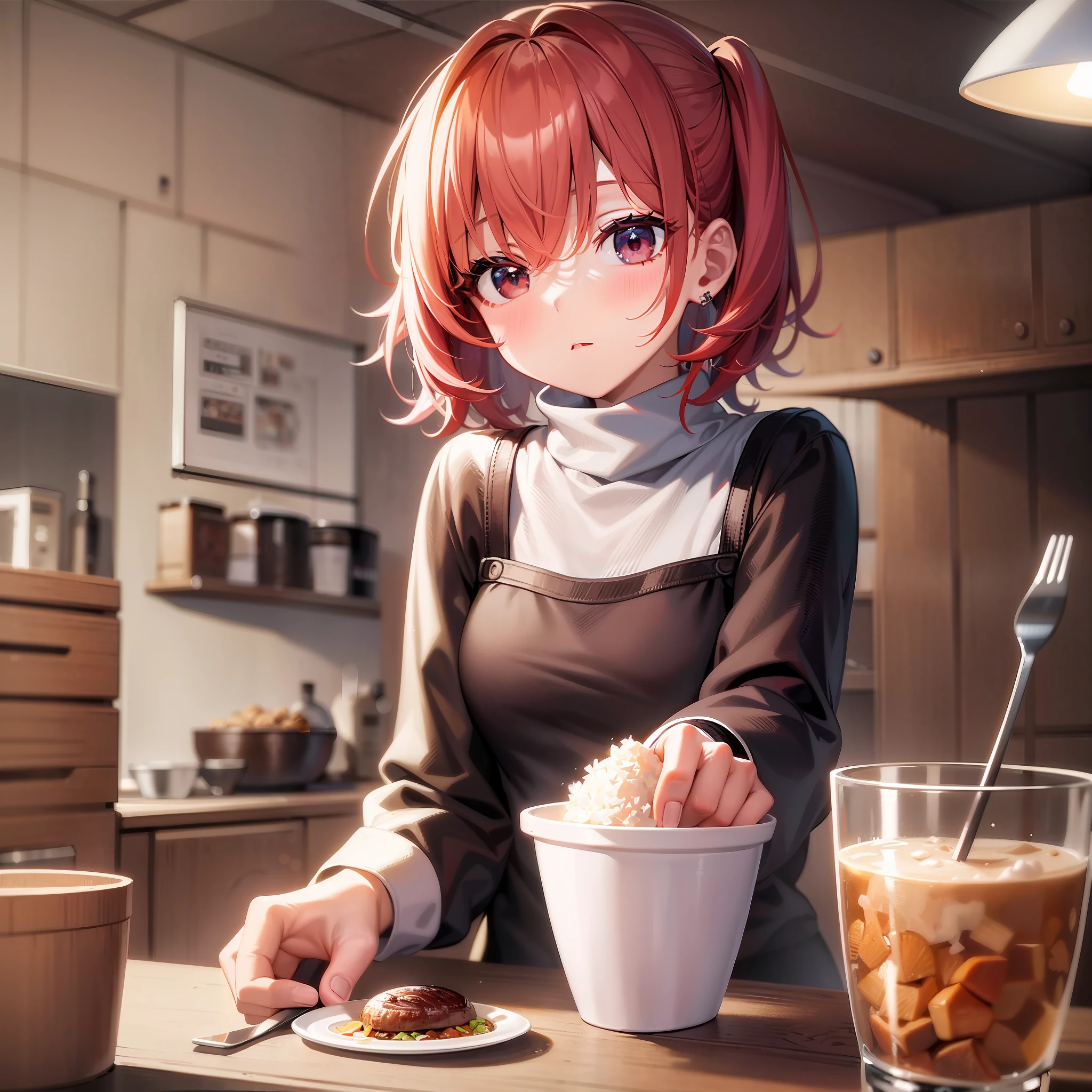 best quality, masterpiece, kyrielight mash, solo, 1girl, black eyes, white turtleneck shirt, (chibi: 0.6), light red hair, sticker, emoji, cute, white background, ((making food))