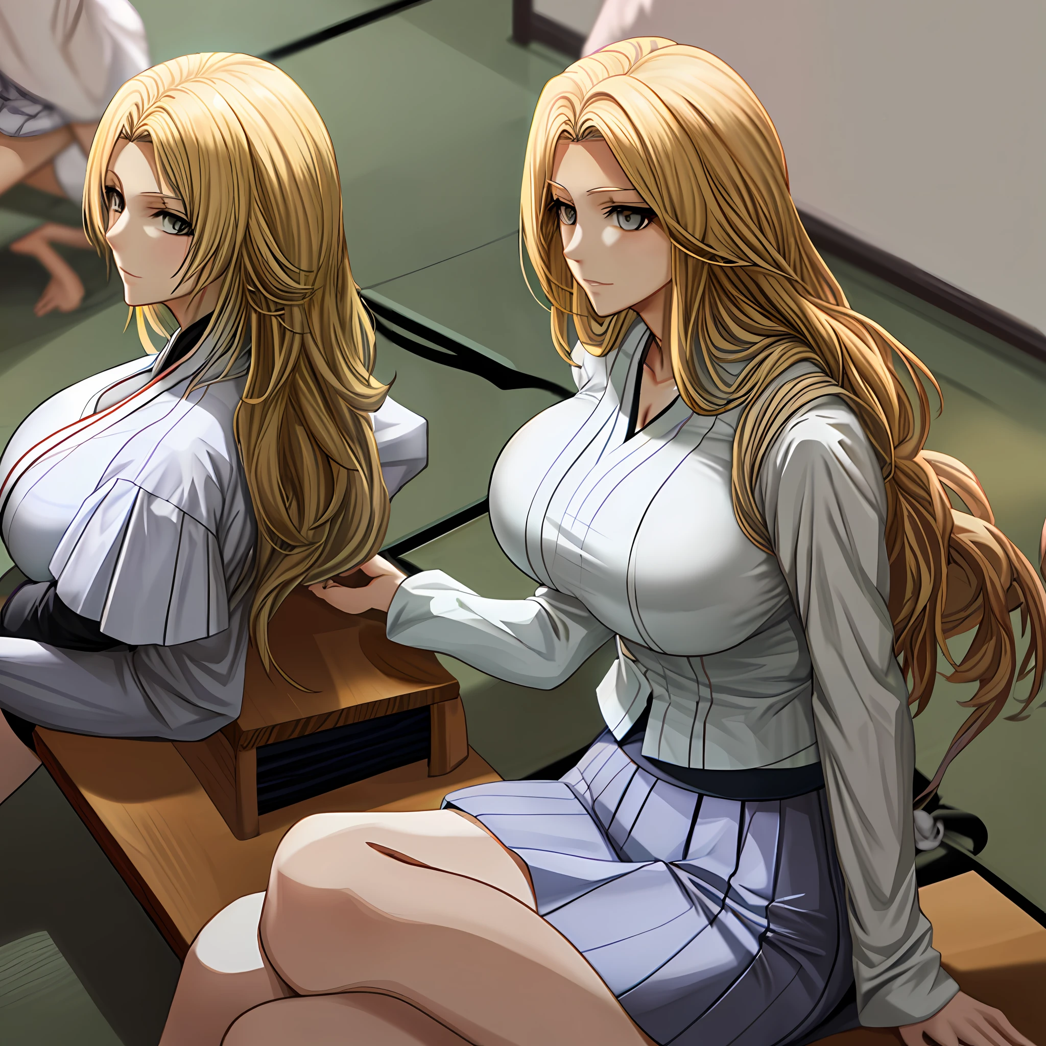 rangiku, solo, closed white shirt, short gray skirt, from side, sitting, blonde hair, school hallway, medium breasts | big breasts,