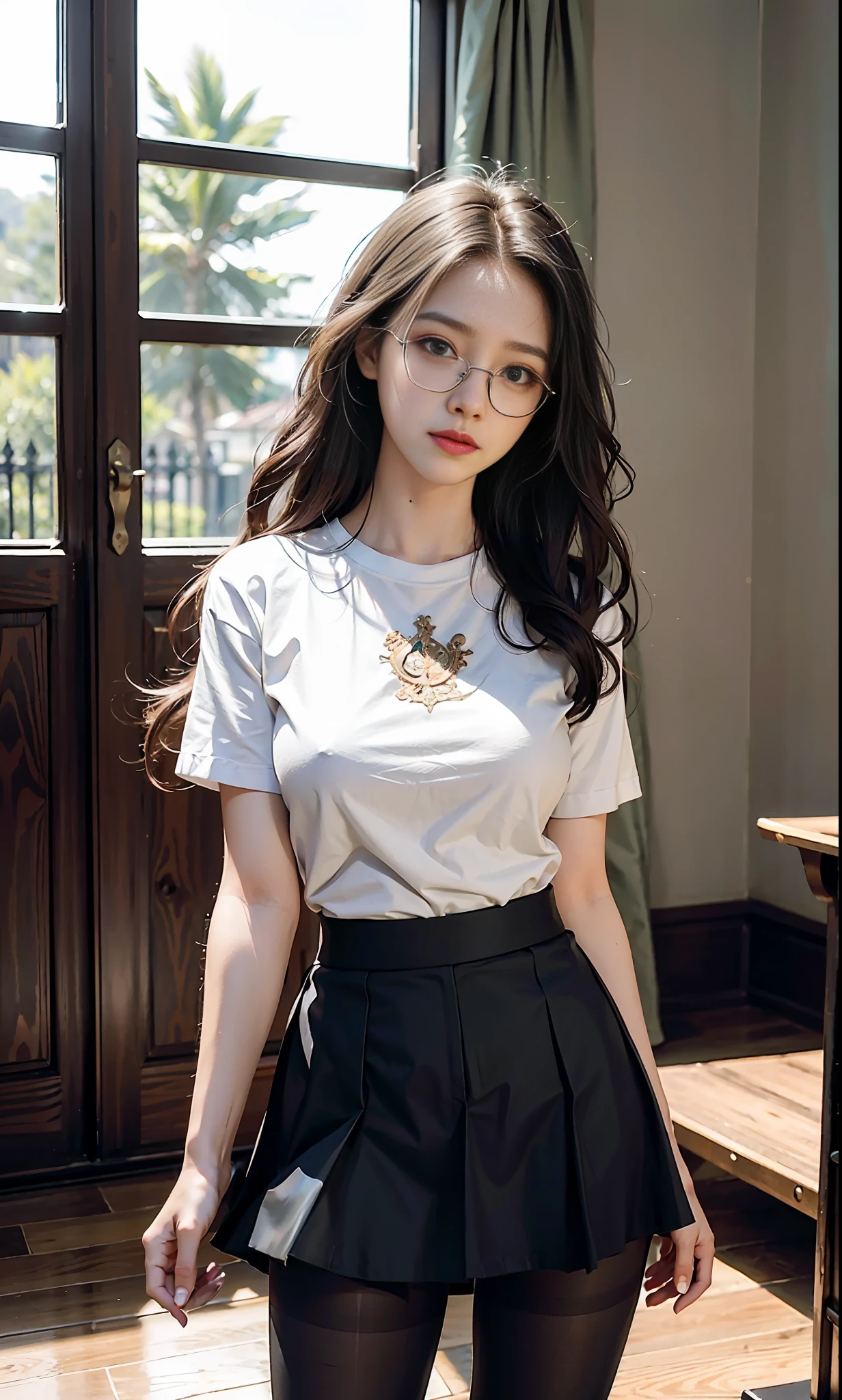 ulzzang-6500-v1.1, (raw photo:1.2), (photorealistic:1.4), beautiful detailed girl, very detailed eyes and face, beautiful detailed eyes, ridiculous, incredibly ridiculous, huge file size, super detailed, high resolution, very detailed, best quality, masterpiece, ((t-shirt)), pool, illustration, very detailed, CG, unified, 8k wallpaper, amazing, fine details, Masterpiece, best quality, very detailed CG uniform 8k wallpaper, face light, movie lighting, 1girl, 16 years old, long white hair, side splits, (big breasts), (no panties)), (glasses), (dynamic pose)), (sexy pose), ((camel toe))), (half), (pantyhose), ((black hip skirt)), (bent knees))))),