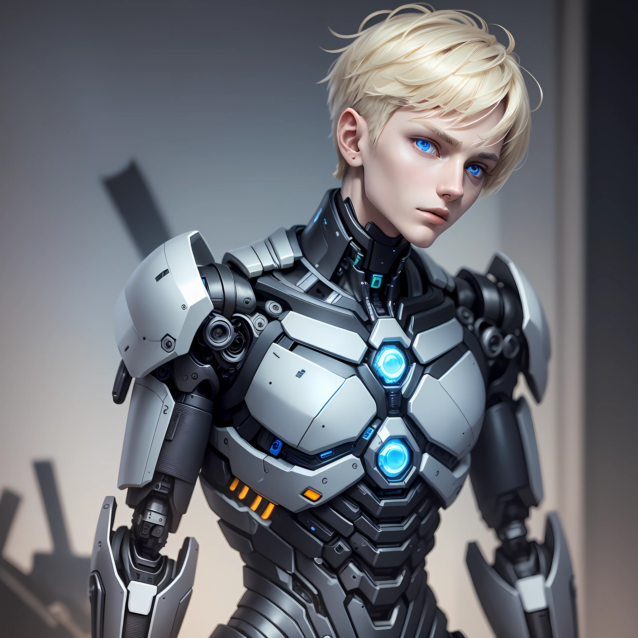 beautiful porcelain boy android face, slim black organic cyborg, black plastic, robotic parts, black mechanical body, arms prostheses, solo, machine-made joints, mechanical limbs, mechanical spine attached to the back, science fiction, the end times, cyberpunk, a 17-year-old cyborg boy with short blonde hair that has bangs hanging on either side, blue eyes