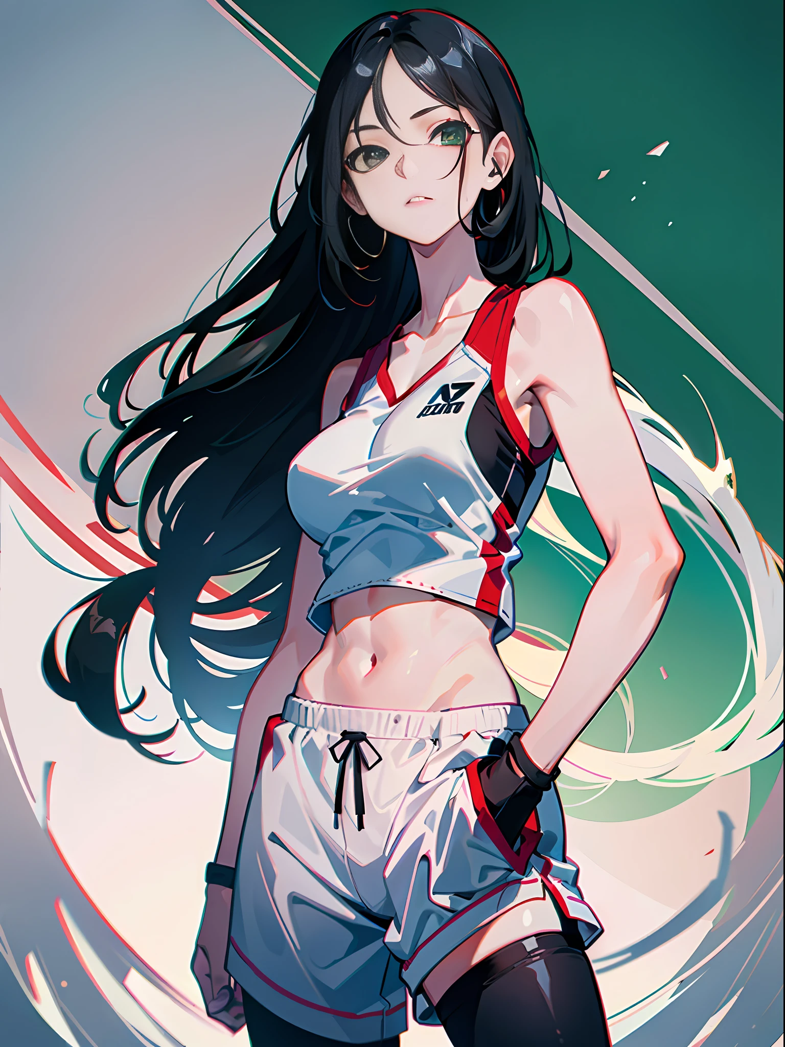 Green eyes, long black hair, crop top, white sweatpants, female karate, hair tie, basketball shoes, stockings, full body portrait
