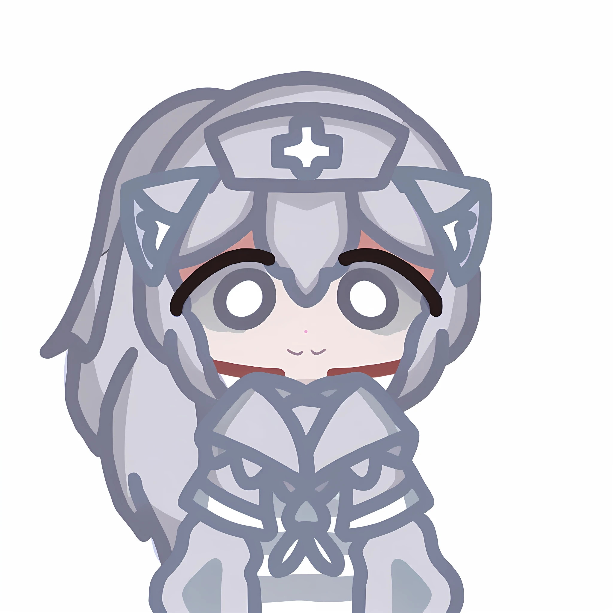 Cartoon character A woman with gray hair and a white dress holding pudica pose, Holo is a cat girl, Ahega face, nyaruko-san, with huge glowing sad eyes, Kantai collection style, smooth silver armor, glowing eyes, Holo if a cat girl, blue glowing eyes, white cat girl