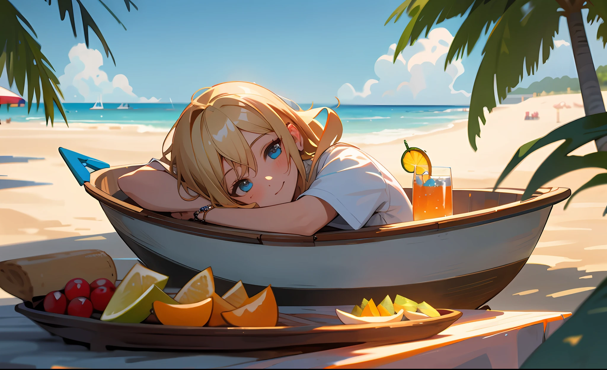 (mksks style, detailed background:1.1), (solo:1.2), (eyes_focus), blonde_hair, cap, white_shirt, close_up,(outdoors, summer (season):1.3), cocktail, market stall, boat, beach, relaxing, beautiful