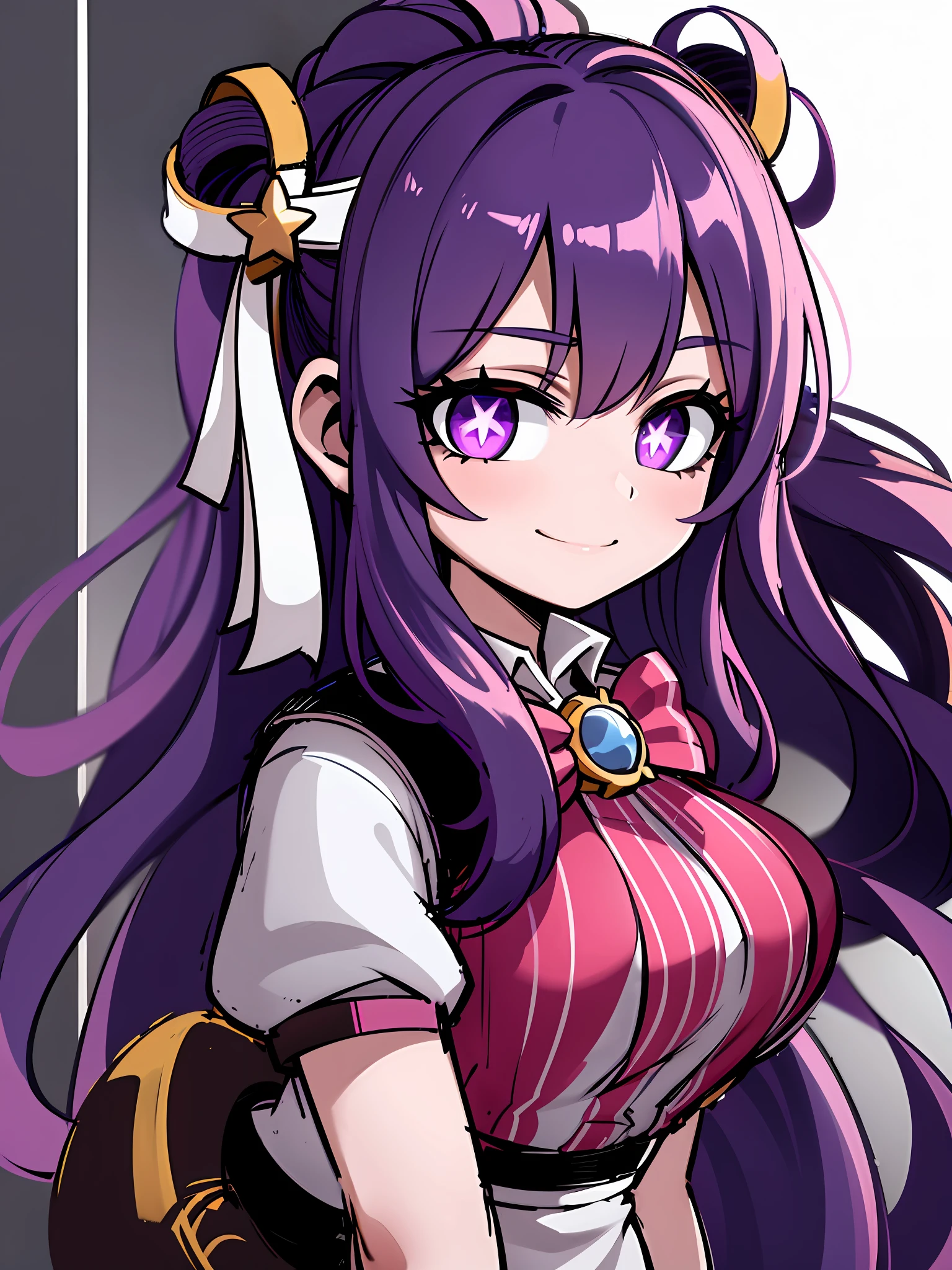 best quality, masterpiece, solo, 1girl, chibi: 0.6), sticker, emoji, cute, white background, (best quality: 1.4, masterpiece, 4k, detail), love Hoshino, long hair, purple hair, striped hair, purple eyes, star pupils, hair accessories, smile, sparkling, extremely detailed eyes, glowing eyes,