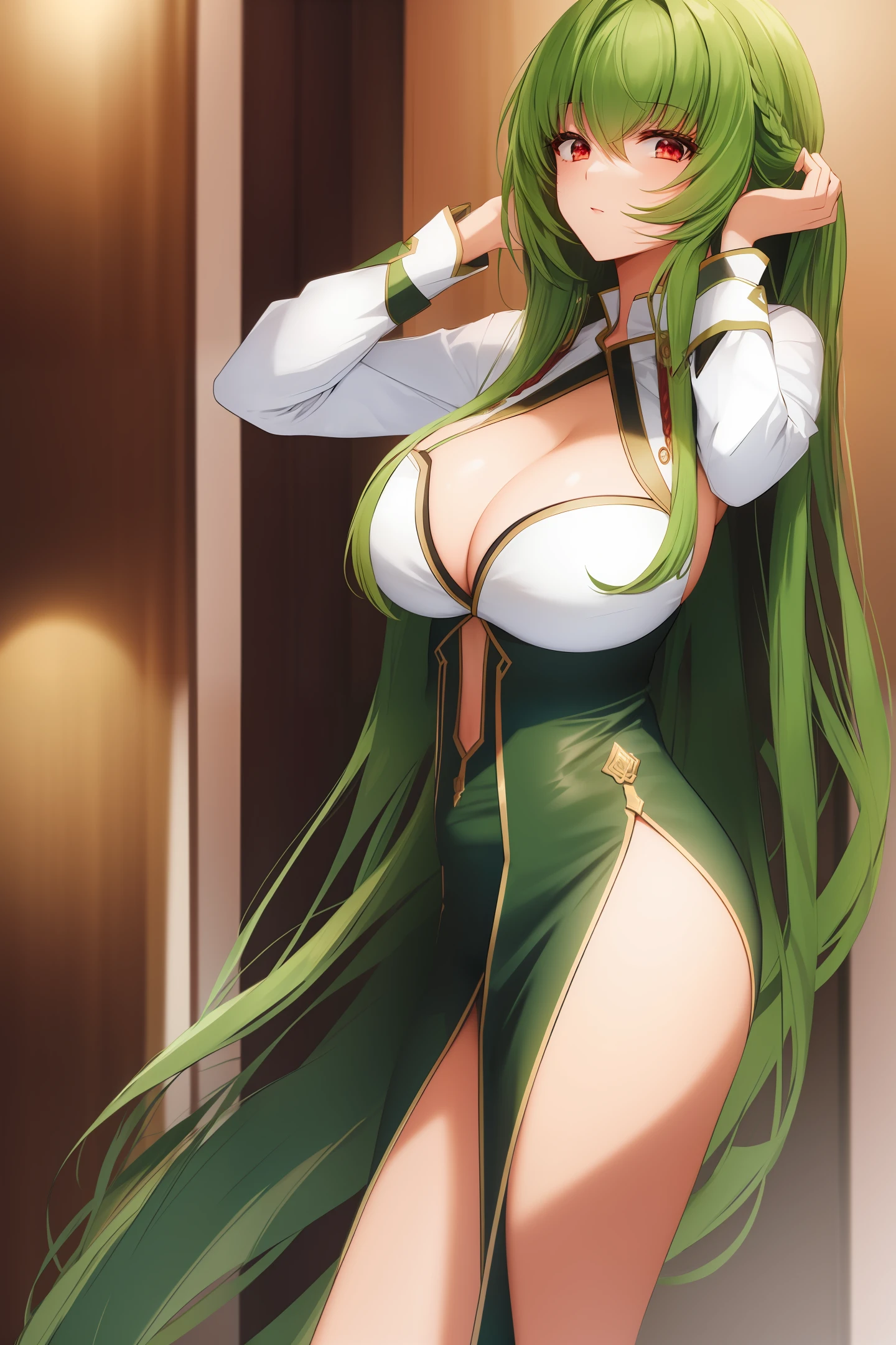 1 woman, green hair, big breasts, red eyes, long hairstyle, hands on chest, sexy