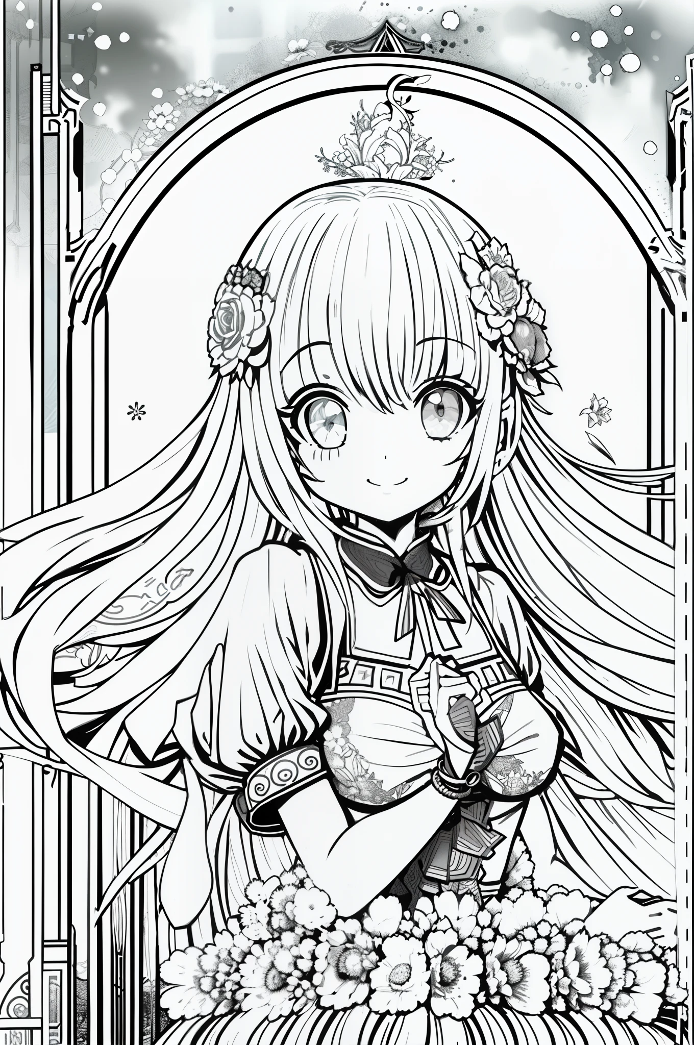 masterpiece, best quality, master, best quality, 1girl, solo, long_hair, looking_at_viewer, smile, dress, ribbon, jewelry, very_long_hair, hair_ribbon, flower, bracelet, two_side_up, hand_on_own_face, head_rest, hand_on_own_cheek, monochrome, lineart,cute,smile,no shadow,bright,clear lines,masterpiece, best quality, lineart, monochrome, white background, black and white, coloring book for kids, on paper, full page, free lines, high detail art lines, to print, perfect anatomy, (white background)), Flowers, 2d, 2d. Cartoon. style