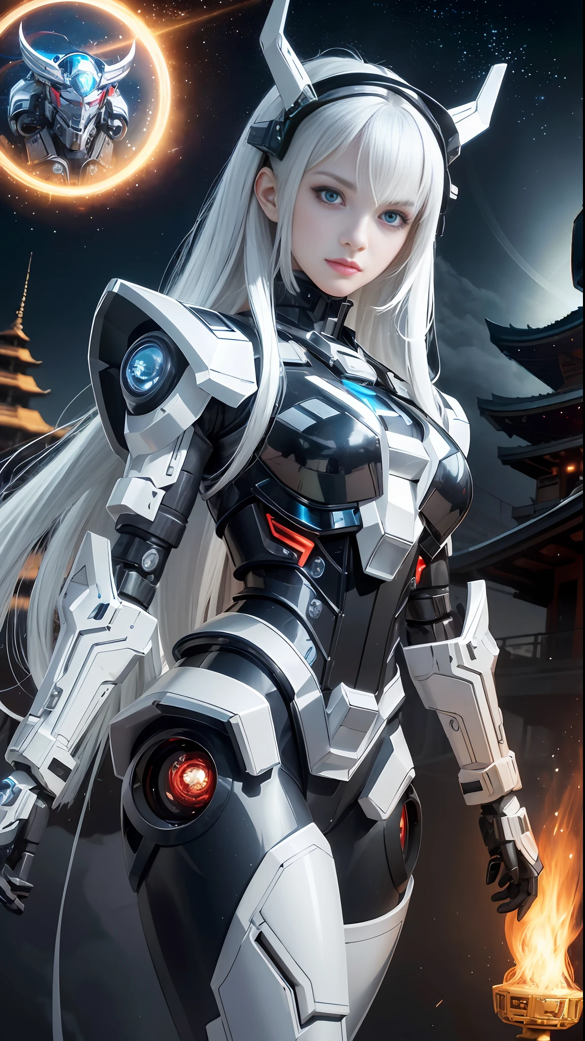 masterpiece,best quality,ultra-detailed,very detailed illustrations,extremely detailed,intricate details,highres,super complex details,extremely detailed 8k cg wallpaper,cowboy shot, caustics,reflection,ray tracing,demontheme,nebula,dark aura,cyber effect, (1girl:1.4),solo,alone,mecha musume,mechanical parts, robot joints,single mechanical arm, headgear, mechanical halo,star halo,intricate mechanical bodysuit, mecha corset, kimono, full armor, very long hair,white hair, hair between eyes, multicolored hair, colored inner hair, red eyes,glowing eye,eye trail, random expressions,random action, ancient japanese architecture,pond, starry sky,skyline,
