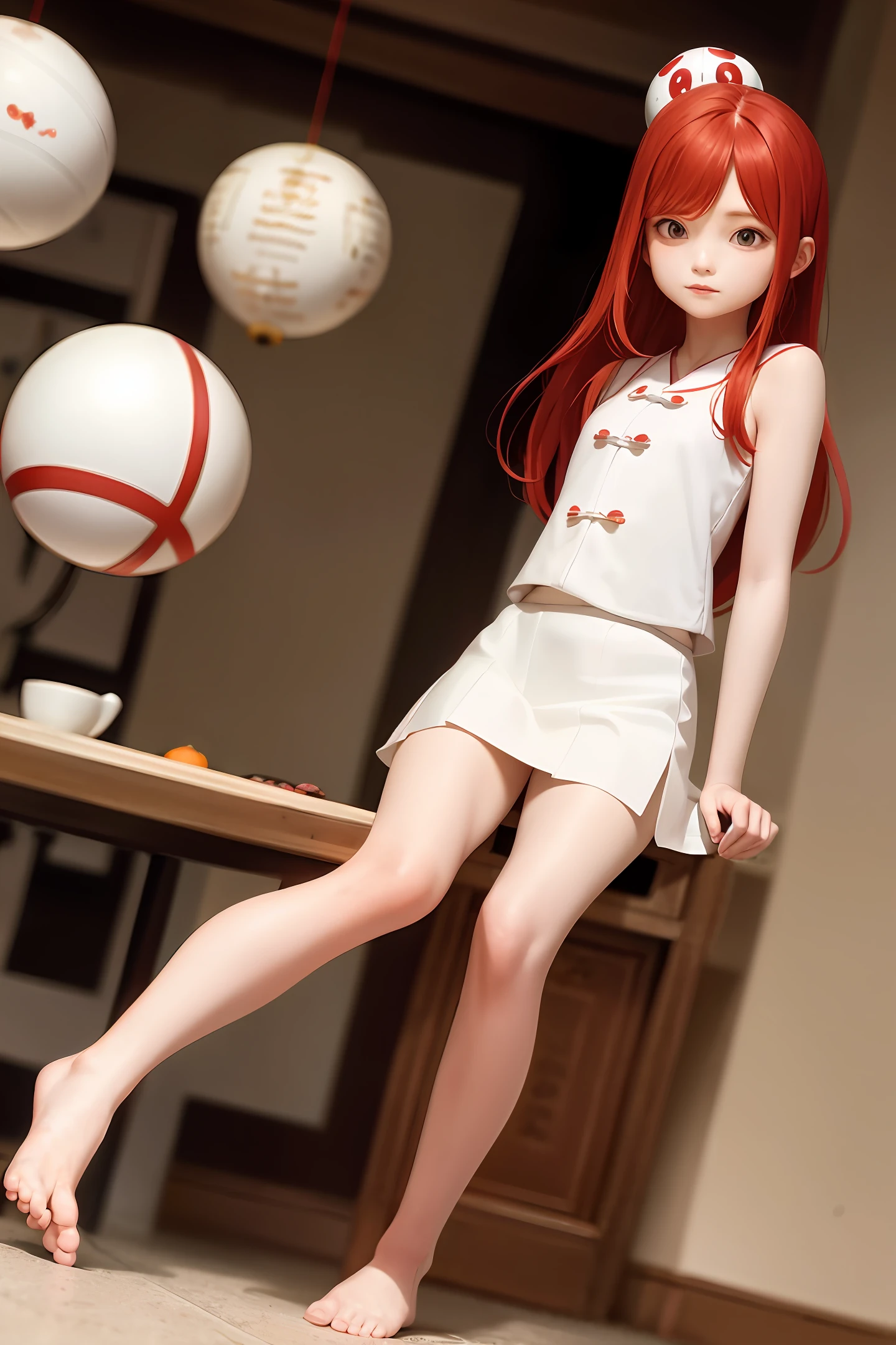 Lori, red hair, white skirt, bare feet, ball head, ancient China.
