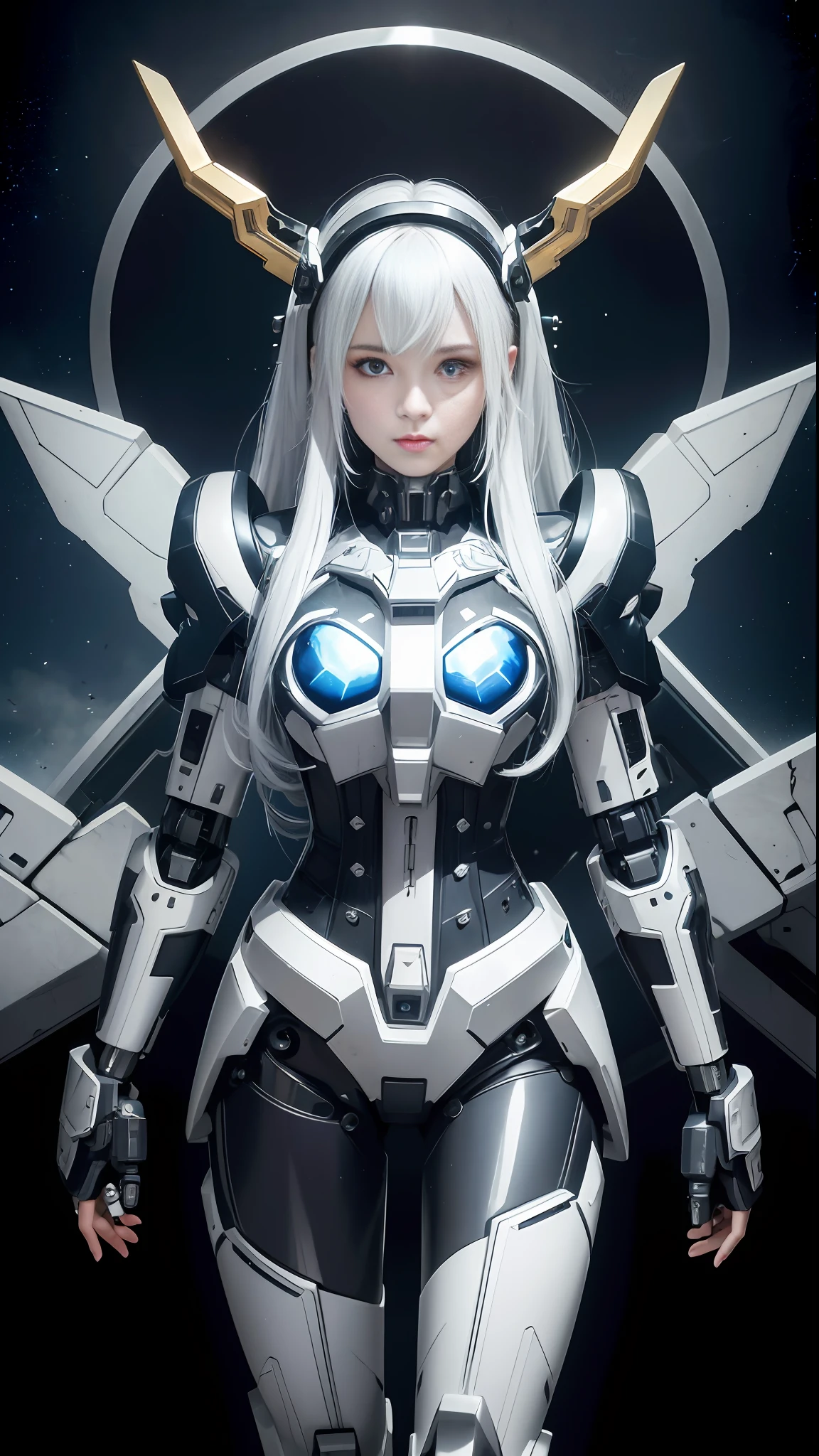 masterpiece,best quality,ultra-detailed,very detailed illustrations,extremely detailed,intricate details,highres,super complex details,extremely detailed 8k cg wallpaper,cowboy shot, caustics,reflection,ray tracing,demontheme,nebula,dark aura,cyber effect, (1girl:1.4),solo,alone,mecha musume,mechanical parts, robot joints,single mechanical arm, headgear, mechanical halo,star halo,intricate mechanical bodysuit, mecha corset, kimono, full armor, very long hair,white hair, hair between eyes, multicolored hair, colored inner hair, red eyes,glowing eye,eye trail, random expressions,random action, ancient japanese architecture,pond, starry sky,skyline,