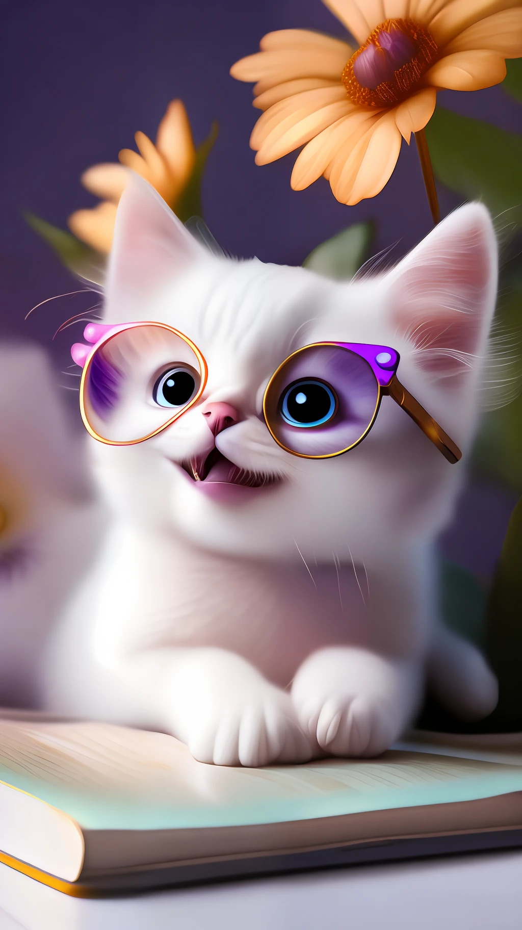 Very cute white tropicalpunk kitten lying on book, big eyes, glasses, open mouth, laughing, excitement, flowers, professional light, depth of field 8k, purple gold magic moment, professional photography, octane rendering, super realistic - amazing sunlight, dynamic composition, photography, sharp focus, background bokeh