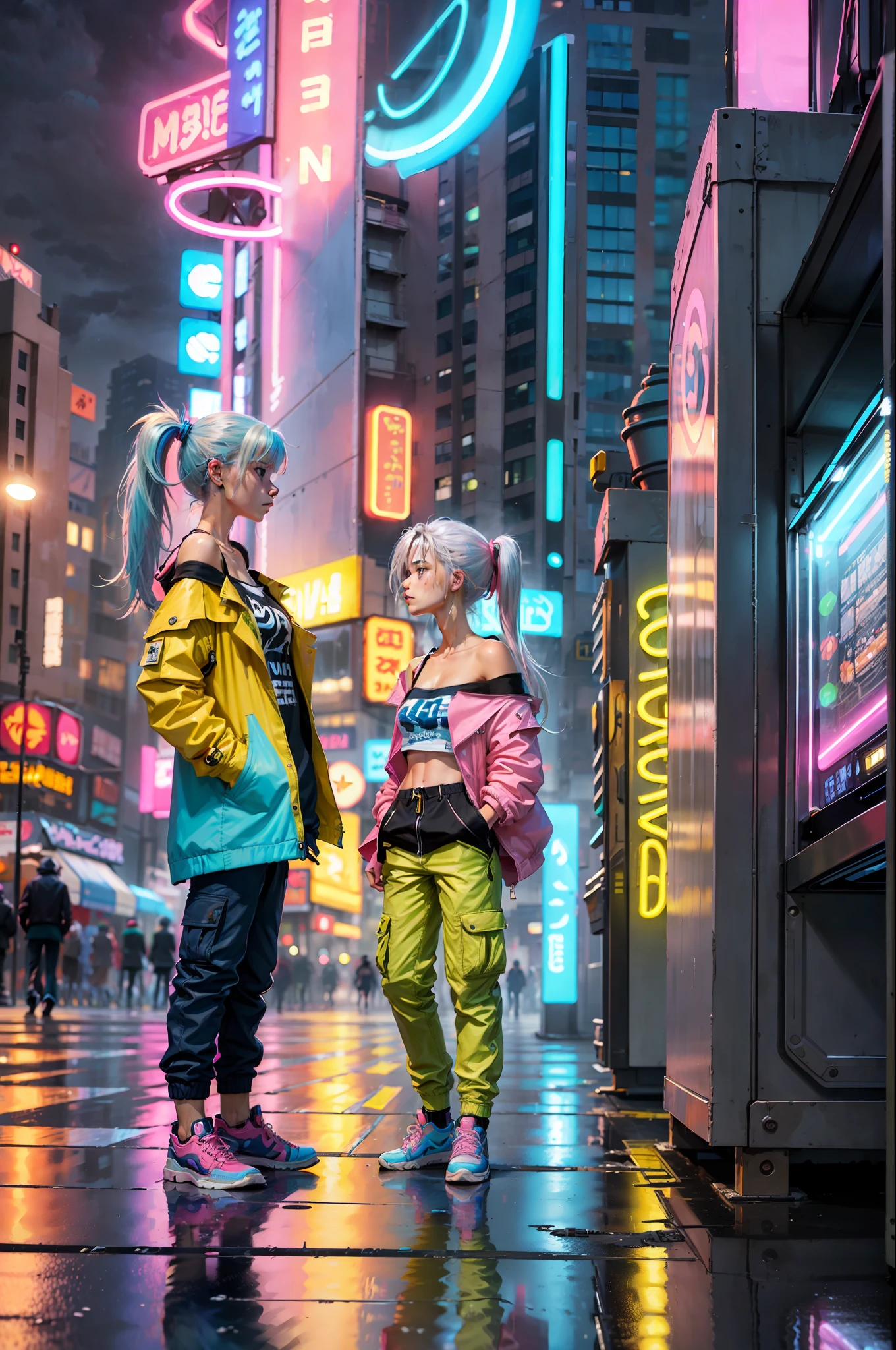 (masterpiece, 4k ,ultra detailed:1.2),(anime:1.2),illustration,(realistic:1),(photorealistic:1),
(solo:1.2),
(from side:1.2),(sad:1.4),
(panorama,perspective:1.4),(fisheye:1.2),
(landscape,outdoor,cityscape,night,midnight,rooftop,cyberpunk,asphalt,rain,graffiti art,reflection,shop,kiosk,sidewalk,avenue,police,taxi,bench:1.2),(skyscraper,fog:1.4),
(pedestrian,crowd,people:1.3),
(neon sign,blue neon,pink neon,yellow neon:1.4),
(off-shoulder neon trench coat,t-shirt,cargo pants,sneaker:1.3),
(platinum white hair,ponytail:1.2),(supermodel:1.4),(various hair color),