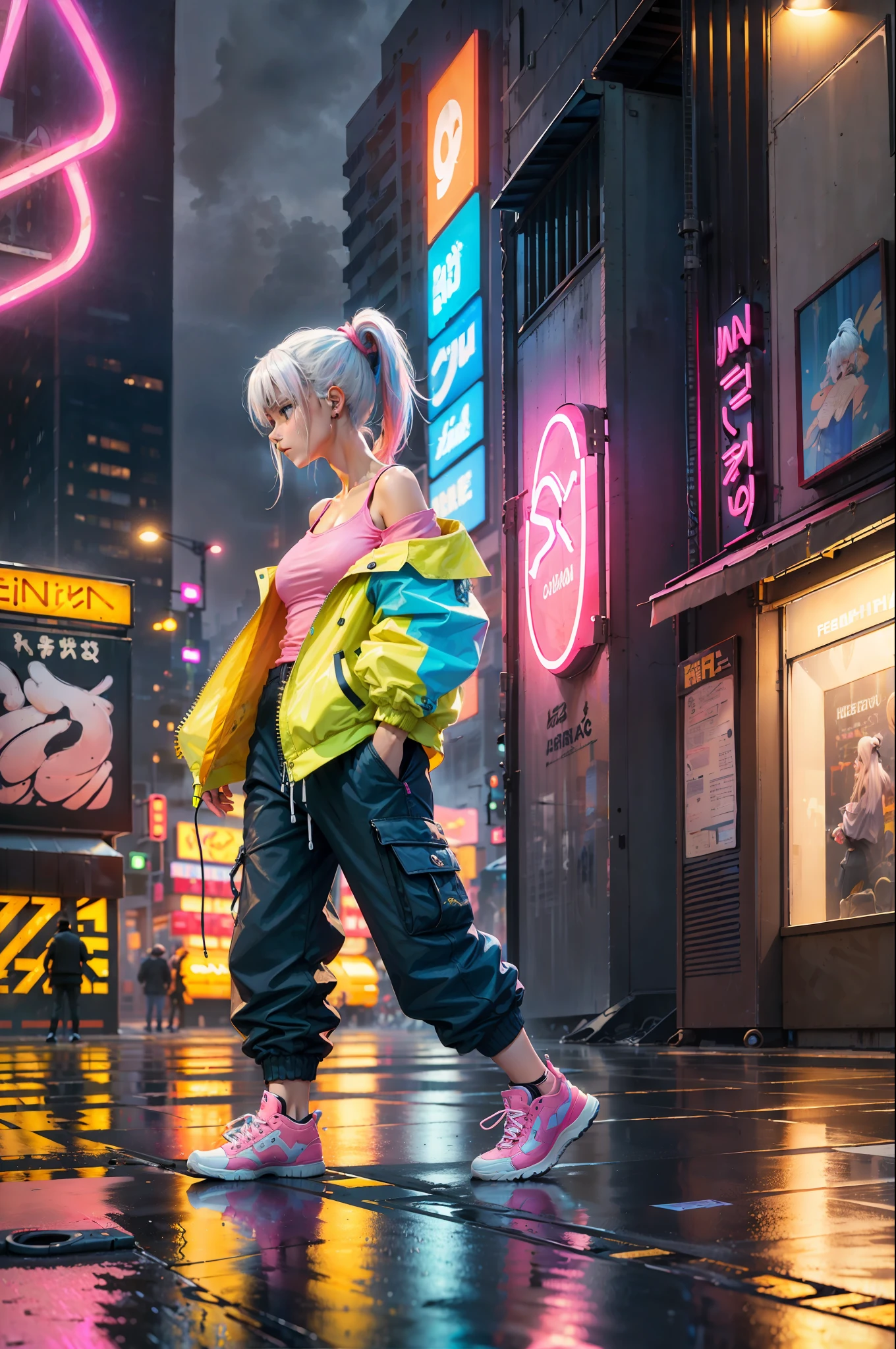 (masterpiece, 4k ,ultra detailed:1.2),(anime:1.2),illustration,(realistic:1),(photorealistic:1),
(solo:1.2),
(from side:1.2),(sad:1.4),
(panorama,perspective:1.4),(fisheye:1.2),
(landscape,outdoor,cityscape,night,midnight,rooftop,cyberpunk,asphalt,rain,graffiti art,reflection,shop,kiosk,sidewalk,avenue,police,taxi,bench:1.2),(skyscraper,fog:1.4),
(pedestrian,crowd,people:1.3),
(neon sign,blue neon,pink neon,yellow neon:1.4),
(off-shoulder neon trench coat,t-shirt,cargo pants,sneaker:1.3),
(platinum white hair,ponytail:1.2),(supermodel:1.4),(various hair color),