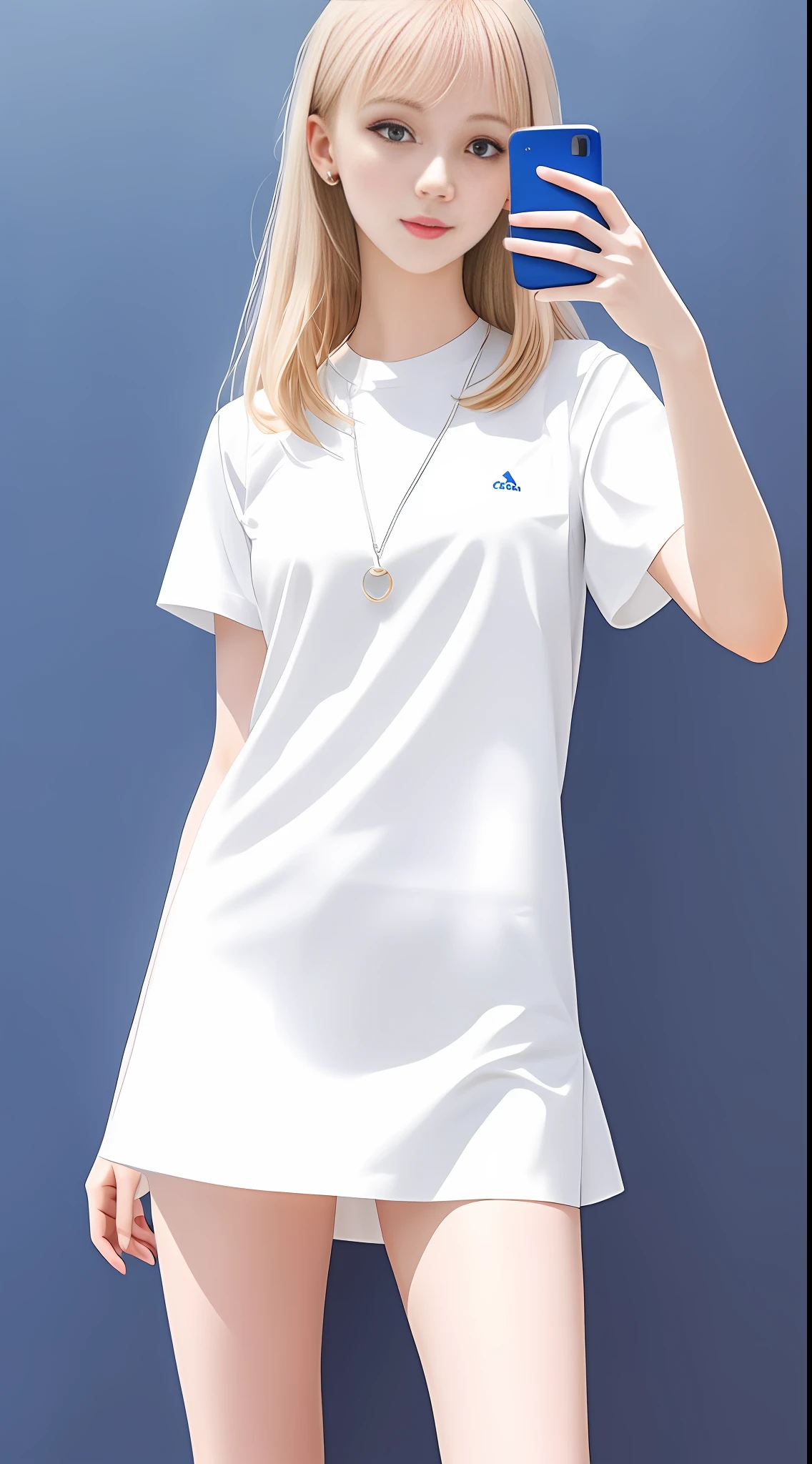 A standing white-skinned girl wearing white clothes and miniskirt taking a selfie with a mobile phone, pale skin, white short-sleeved shirt, miniskirt, long legs, holding a mobile phone in her left hand, the mobile phone blocked half of her face, her right hand made a Y-shaped gesture, pure blue background, beautiful digital artwork, realistic effect, high texture